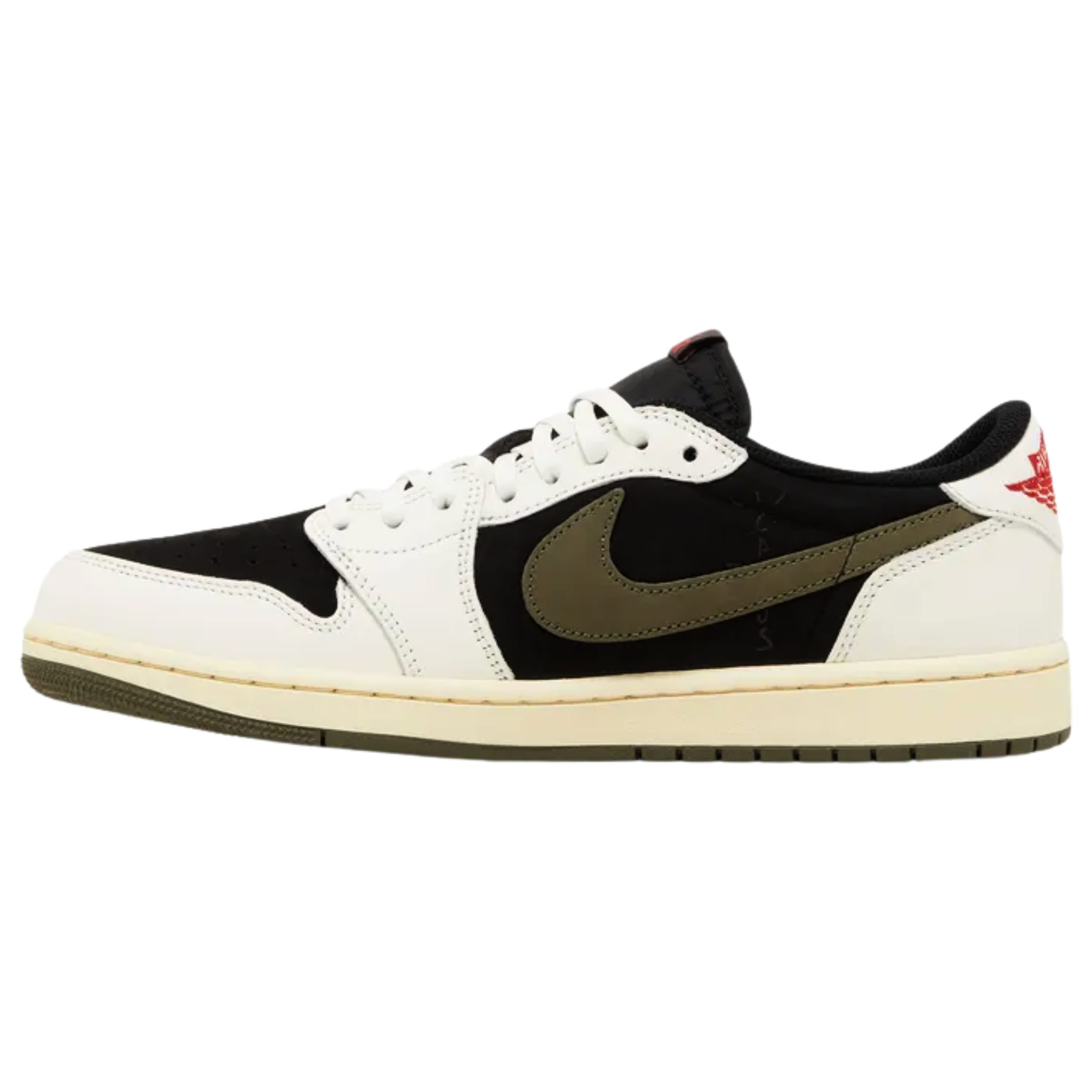 Travis Scott x Women’s Air Jordan 1 Retro Low OG SP ‘Olive’ featuring a black suede base with off-white leather overlays, olive suede Swooshes, and a reverse check on the lateral side. The sneaker includes crimson accents on woven Nike Air tongue tags, mismatched Jordan and Cactus Jack branding on the heel tabs, and a rubber cupsole with vintage off-white sidewalls and an olive green rubber outsole.