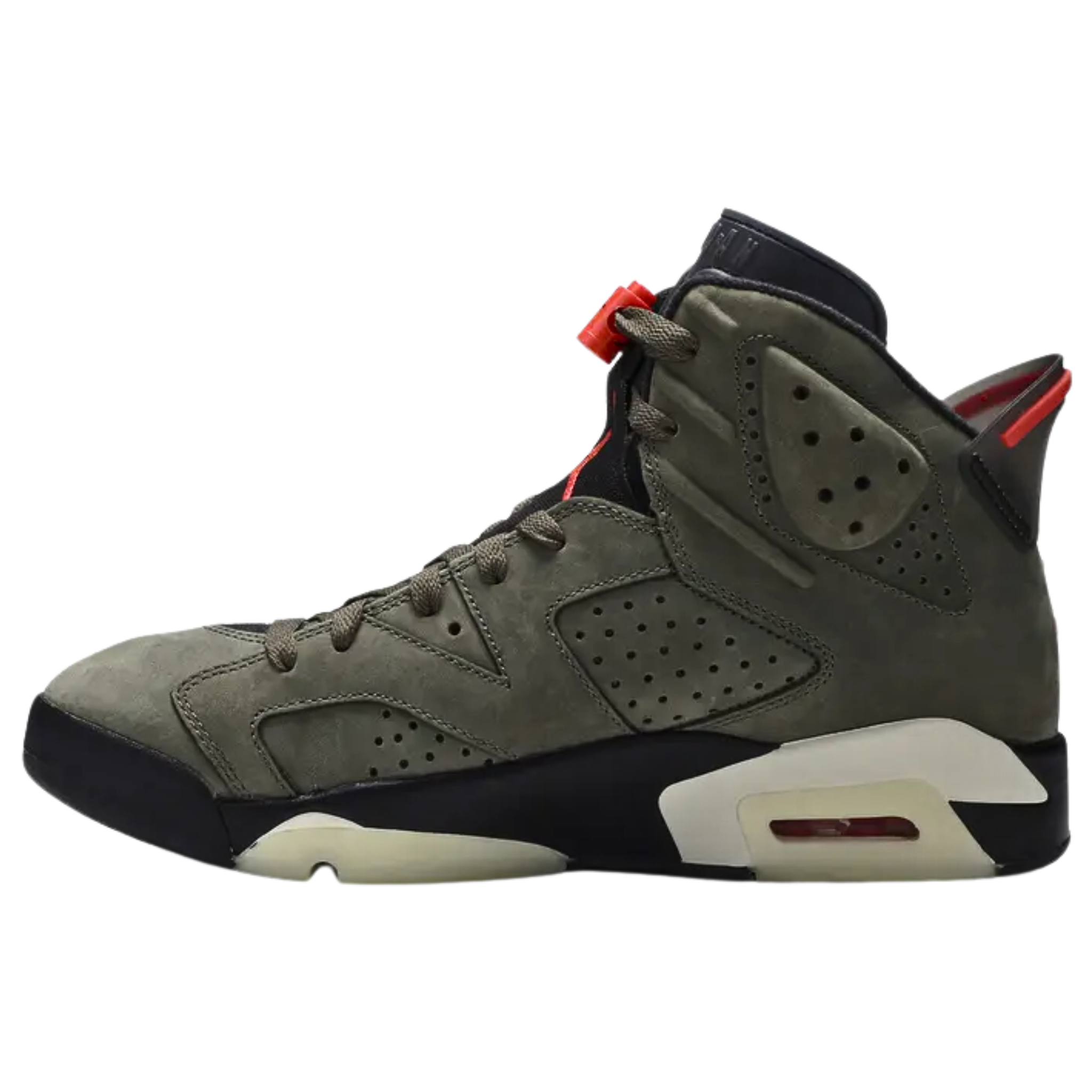The Travis Scott x Air Jordan 6 Retro 'Olive' features a Medium Olive and black nubuck and suede upper with Sail and University Red accents, a small pocket on the collar, 'Cactus Jack' branding on the heel, and a glow-in-the-dark translucent outsole.