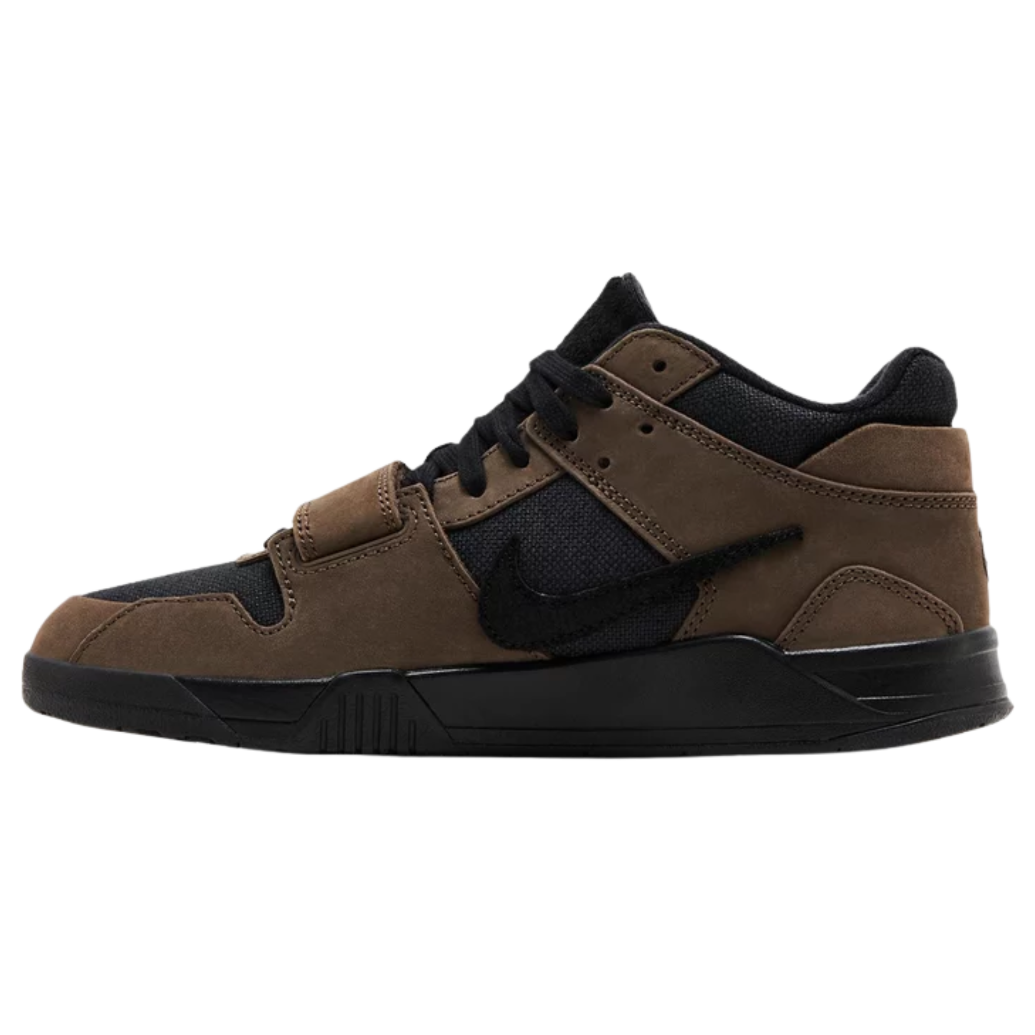 Travis Scott x Jordan Jumpman Jack TR 'Dark Mocha' featuring a black canvas upper with brown nubuck overlays and a black suede reverse Swoosh. The sneaker includes tonal Jumpman branding on the tongue, Cactus Jack smiley logo on the back heel, and 'TS' embroidery on the forefoot strap. A black rubber outsole with an oversized 'Jack' graphic and a matching black foam midsole provide durability and traction.