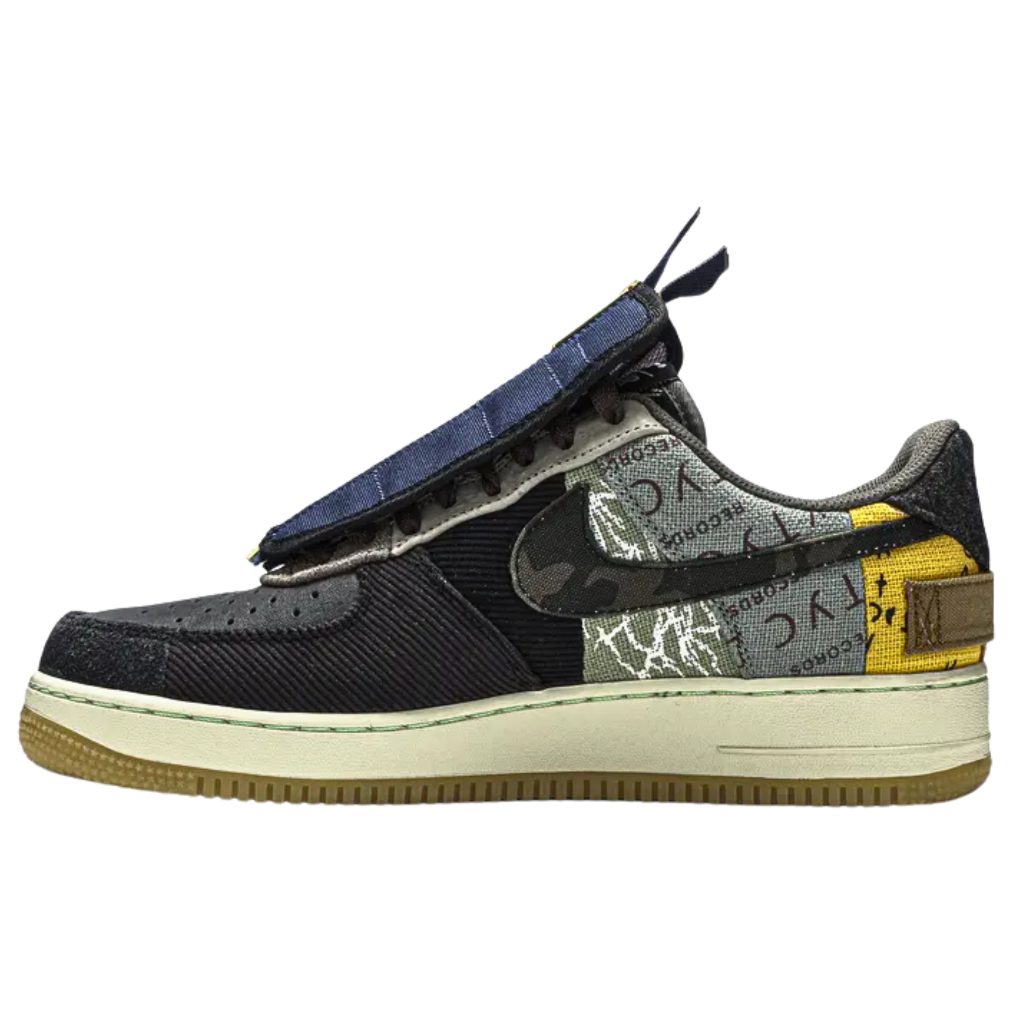 The Travis Scott x Air Force 1 Low 'Cactus Jack' features a mix of printed canvas, leather, and suede uppers with utilitarian details like zipped corduroy lace shrouds and mismatched Swooshes. Released in November 2019, the sneaker sits on a classic AF1 midsole and gum rubber outsole, combining rugged style with signature Travis Scott design elements.