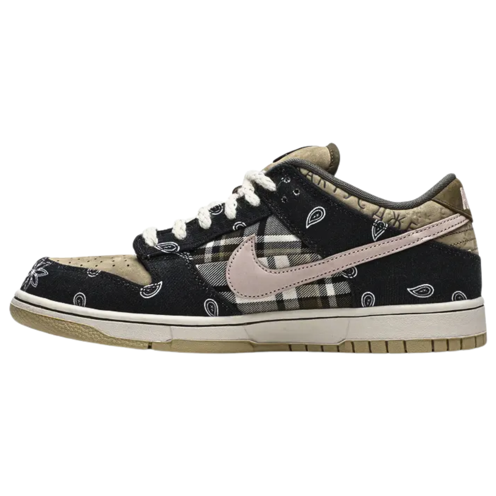 The Travis Scott x Nike Dunk Low SB features a unique patchwork design with a tan leather base, plaid quarter panels, and paisley print overlays that tear away to reveal hidden elephant print underneath. The contrasting patterns are paired with rope laces, Cactus Jack tongue tags, and mismatched black and pink Swooshes on each shoe. The sneaker is completed with a white midsole and a tan rubber outsole for a stylish and layered look.