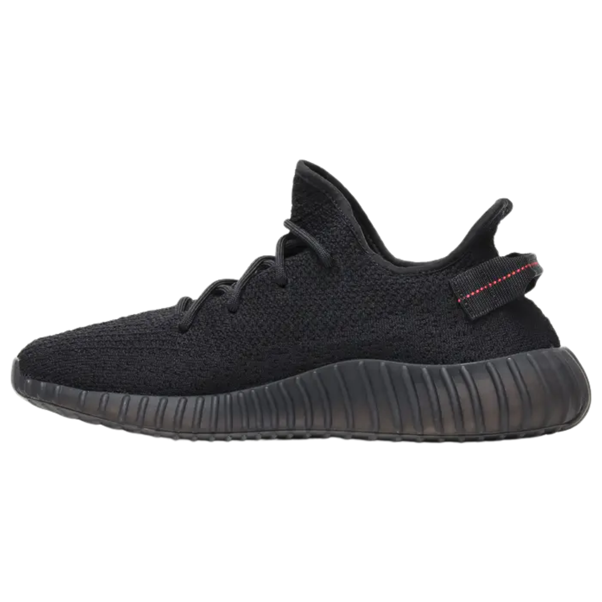 Shop the adidas Yeezy Boost 350 V2 ‘Bred,’ featuring a black Primeknit upper with a pronounced center seam and red SPLY-350 branding. The design includes a crimson embroidered pull tab and a full-length Boost midsole wrapped in semi-translucent black rubber for durability and support.