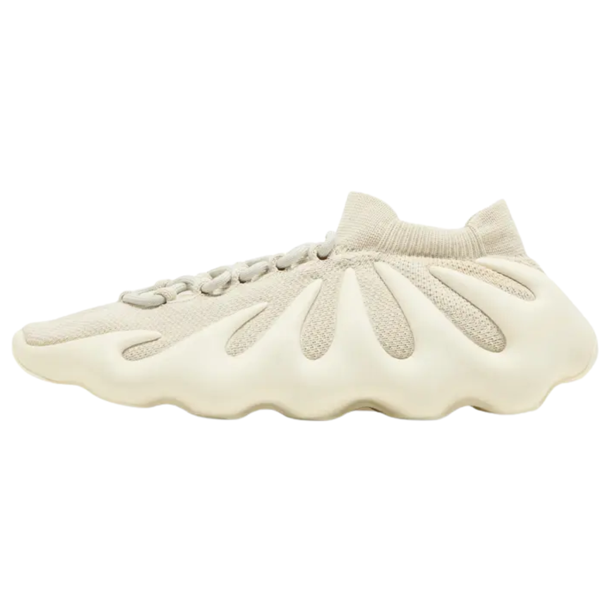 Explore the Yeezy 450 ‘Cloud White,’ featuring a neutral deconstructed design with a one-piece knit textile upper and elastic cuff. Developed with Steve Smith, the sneaker boasts an integrated lacing system and a unique molded outsole with ‘fingers’ that wrap around the side panels for a futuristic look.