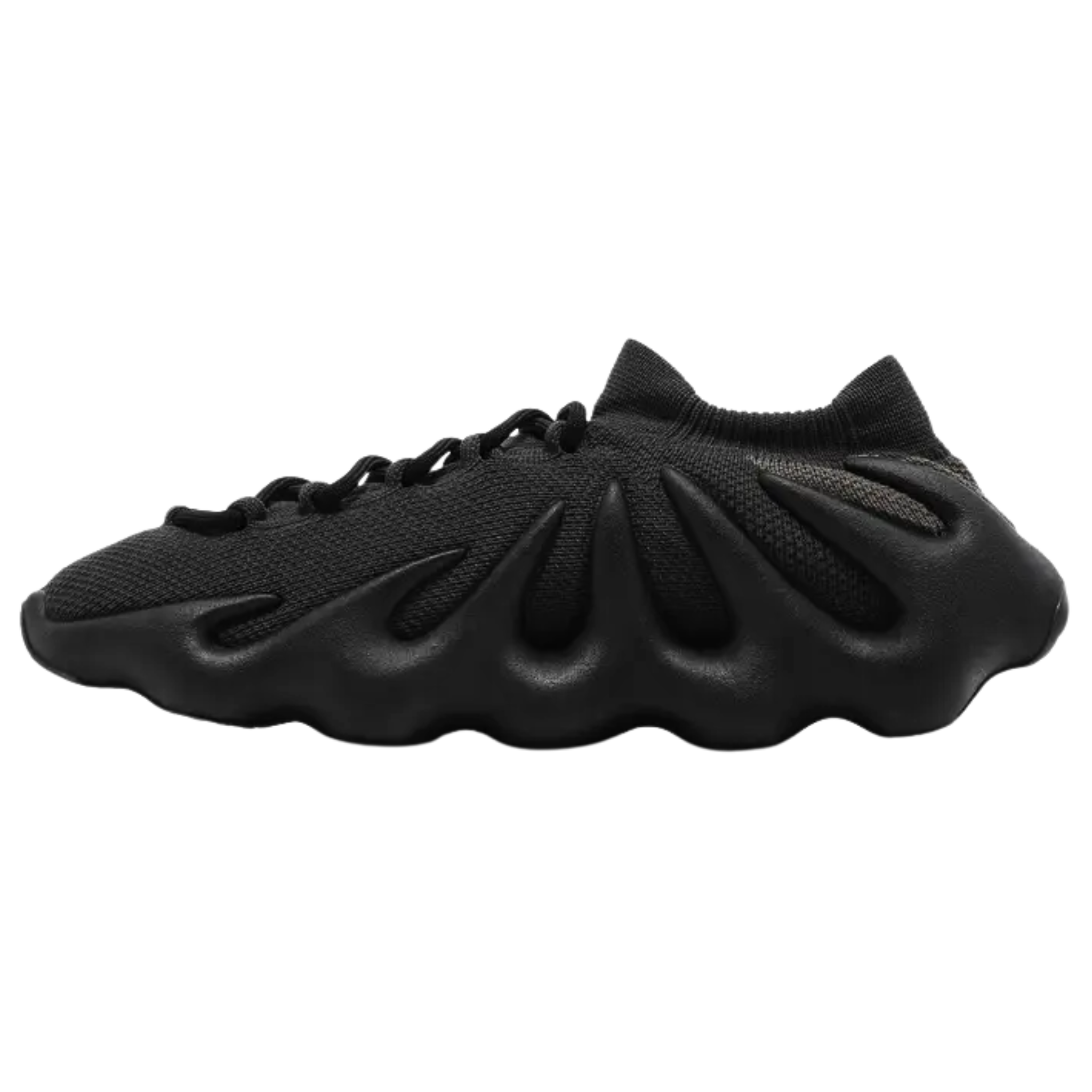 Shop the adidas Yeezy 450 ‘Dark Slate,’ featuring a blacked-out knit upper with an integrated lacing system and sock-like elastic cuff. The deconstructed design is supported by a unique rubber outsole with tapered appendages wrapping the heel and side panels for enhanced durability and support.