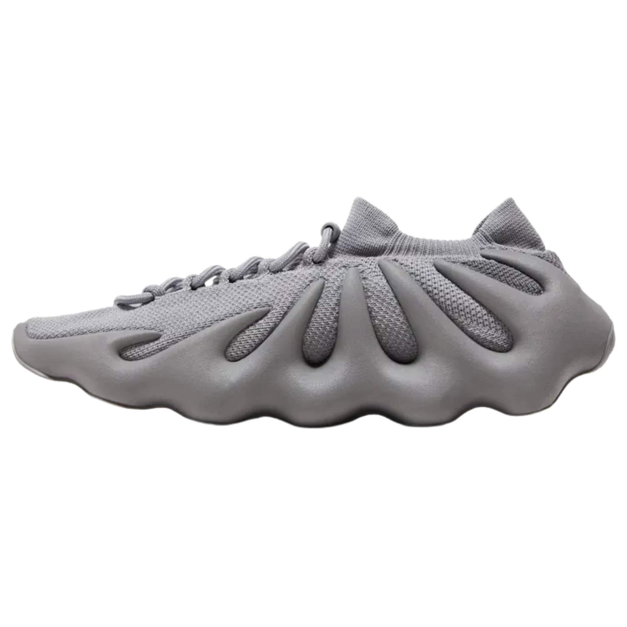Shop the adidas Yeezy 450 ‘Stone Grey’ featuring a sleek grey one-piece knit upper with a sock-like collar and standard lace closure. The PU-injected midsole wraps up the sides for unique style and structural support, while the contoured rubber outsole offers a wavy traction pattern for optimal grip.