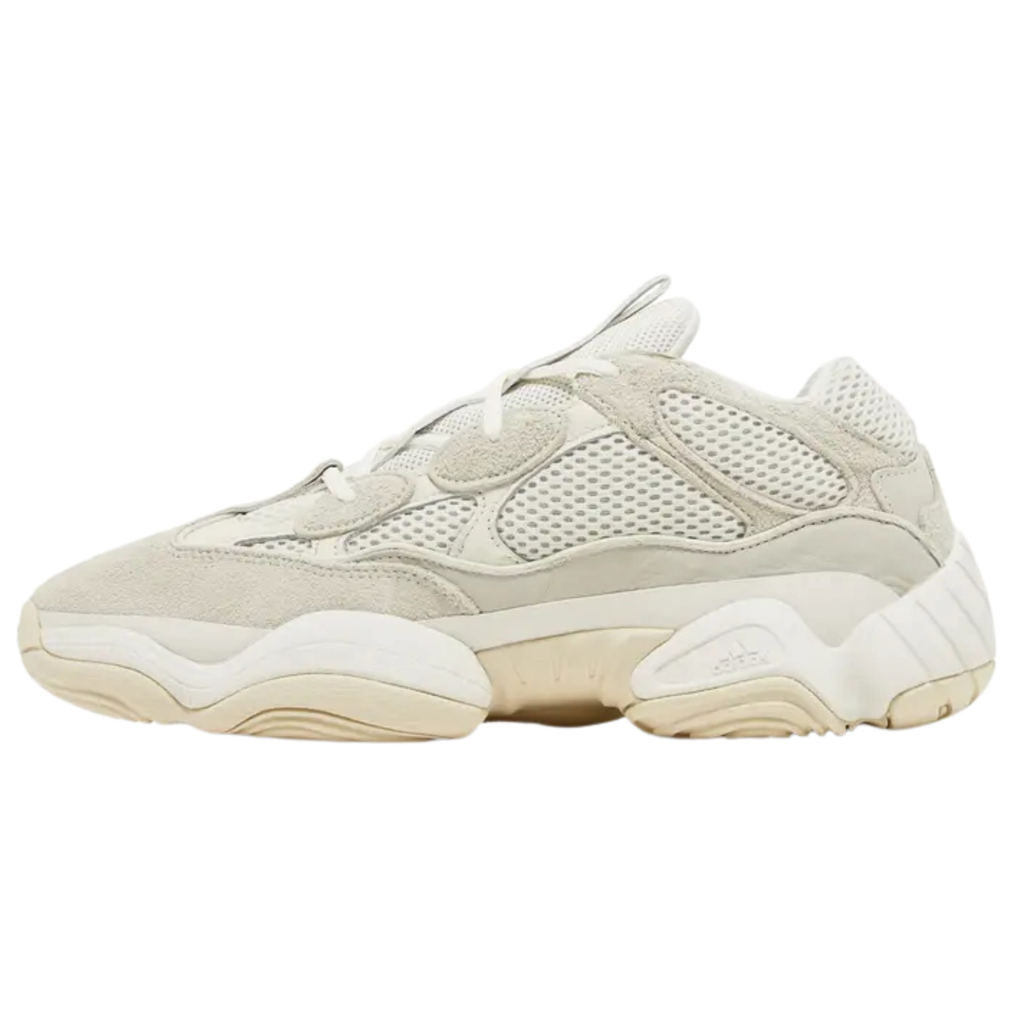 Shop the 2023 adidas Yeezy 500 ‘Bone White,’ featuring a subdued ivory colorway with a mesh upper and suede and leather overlays. The seamless rubber mudguard offers support and durability, while reflective piping enhances visibility. A podular adiPRENE+ midsole provides lightweight cushioning, inspired by the adidas KB8 3.