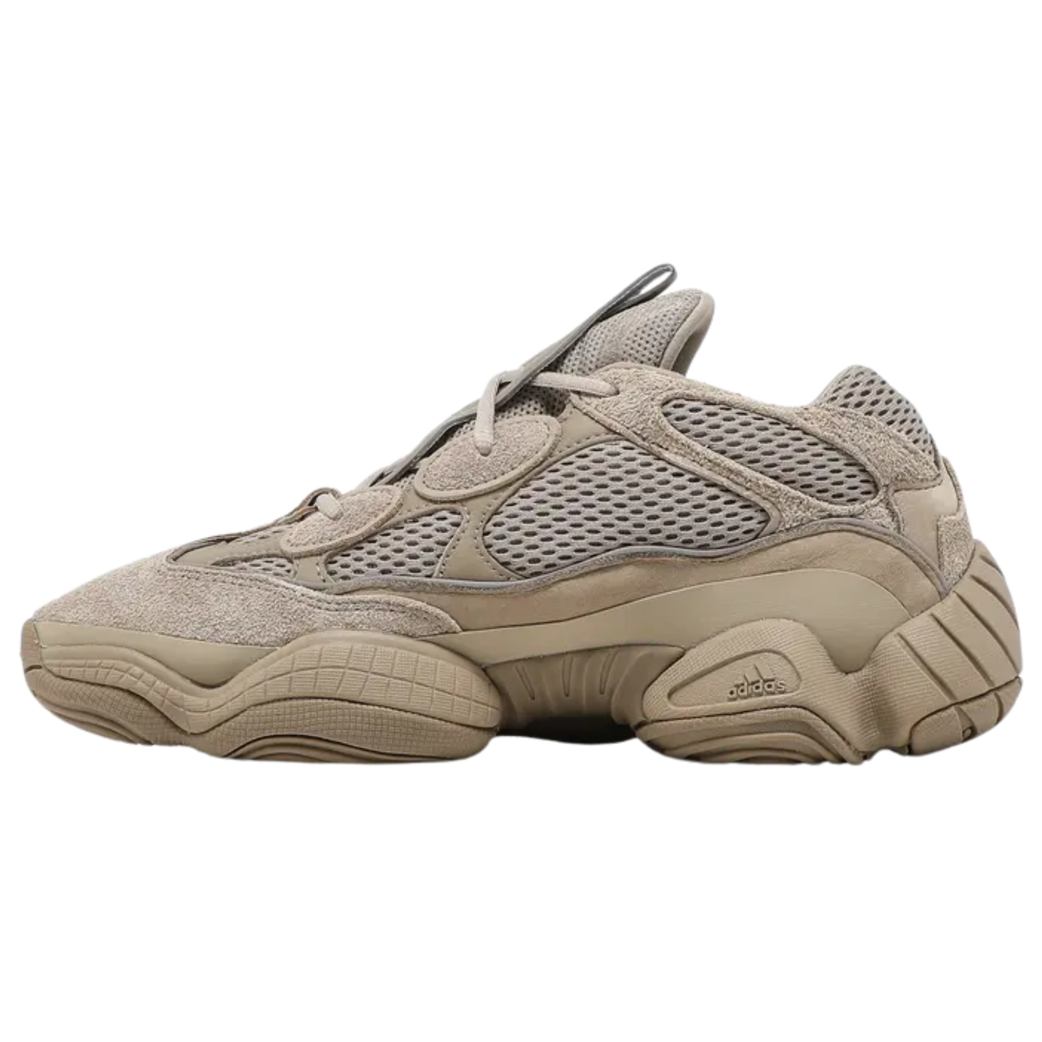 Shop the adidas Yeezy 500 ‘Taupe Light,’ featuring a monochromatic colorway with a premium mesh upper, cow suede, and leather overlays. Reflective piping around the eyelets enhances visibility, while a rubber midfoot wrap offers durability. The adiPRENE+ midsole, inspired by the adidas KB8 3, provides cushioning and support.