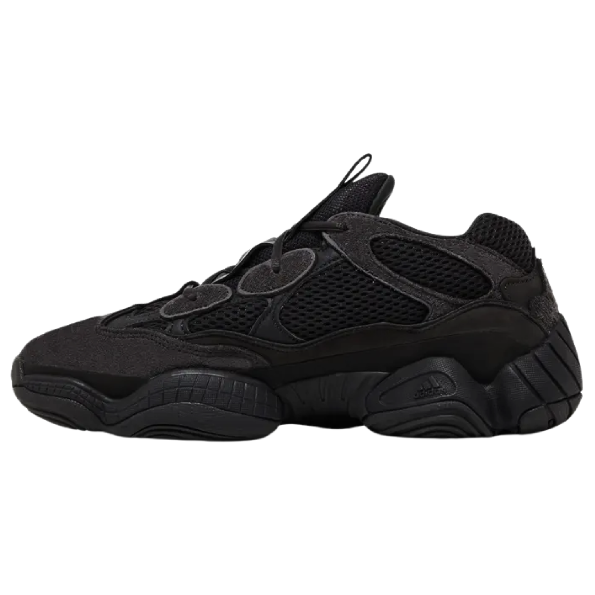 Shop the adidas Yeezy 500 ‘Utility Black,’ featuring a retro-inspired silhouette with a sleek, semi-faded black mesh and suede upper. The bulky design is contrasted by the unique use of tone, offering a softer black finish compared to the typical triple-black look. Released in July 2018, this colorway stands out with its minimalist, versatile style.