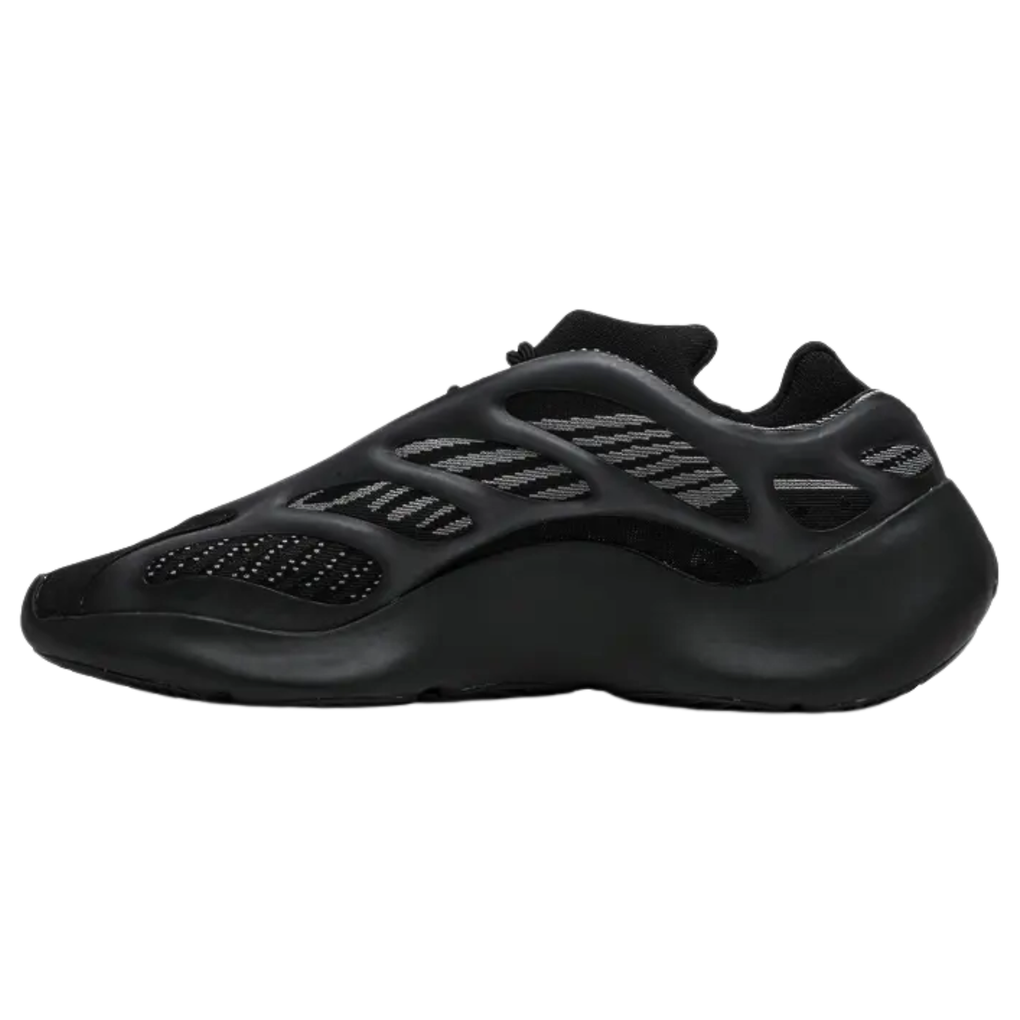 Shop the adidas Yeezy 700 V3 ‘Alvah,’ featuring a black and grey mesh upper with glow-in-the-dark RPU overlays for added support. The interior bootie construction ensures a snug fit, while reflective accents enhance visibility in low-light. The sneaker sits on a PU-encapsulated EVA midsole, offering a sleek, sculpted design without Boost cushioning.