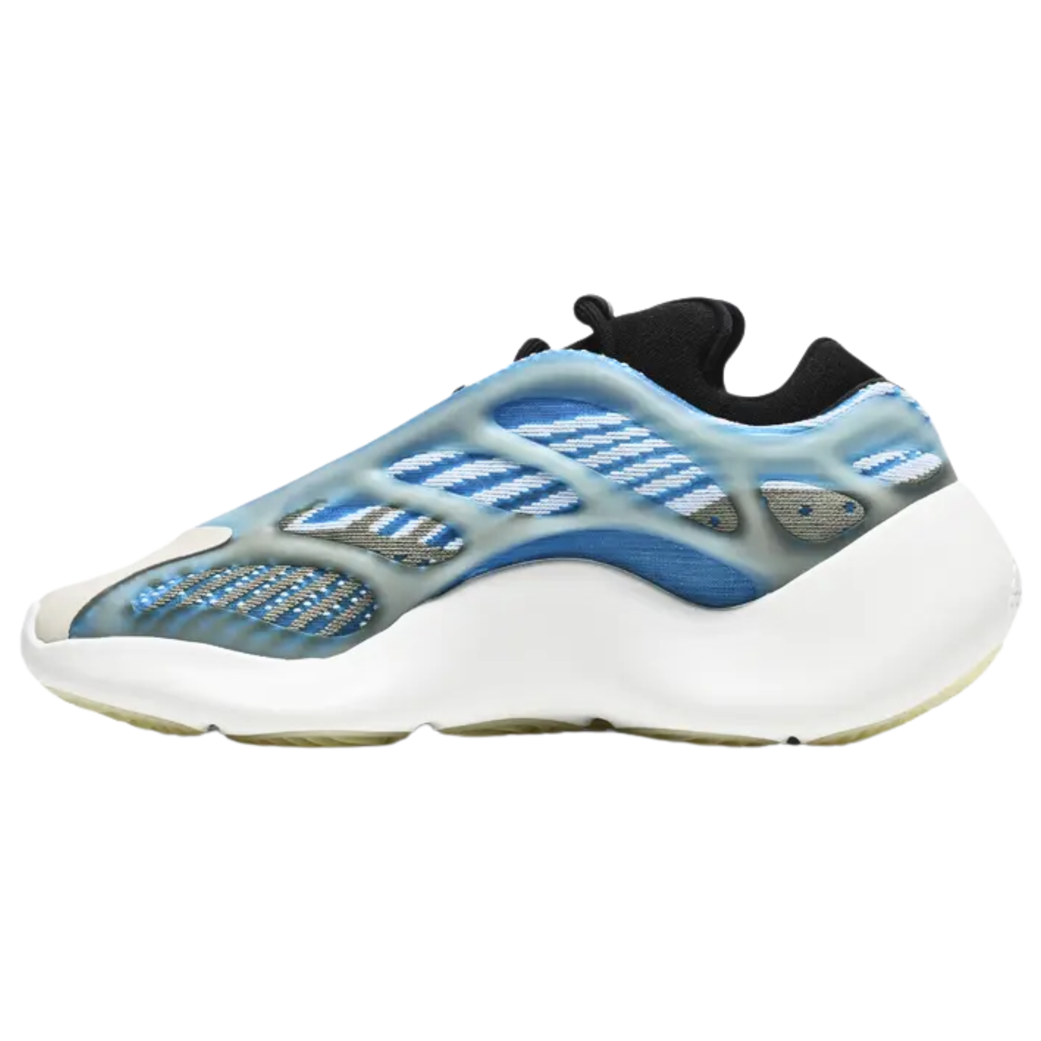 Shop the adidas Yeezy 700 V3 ‘Arzareth,’ featuring vibrant blue tones on a breathable knit upper with a semi-translucent RPU cage for added structure. The bootie-style collar ensures a snug ankle fit, while a PU-encapsulated EVA midsole and herringbone rubber outsole provide cushioning and grippy traction.
