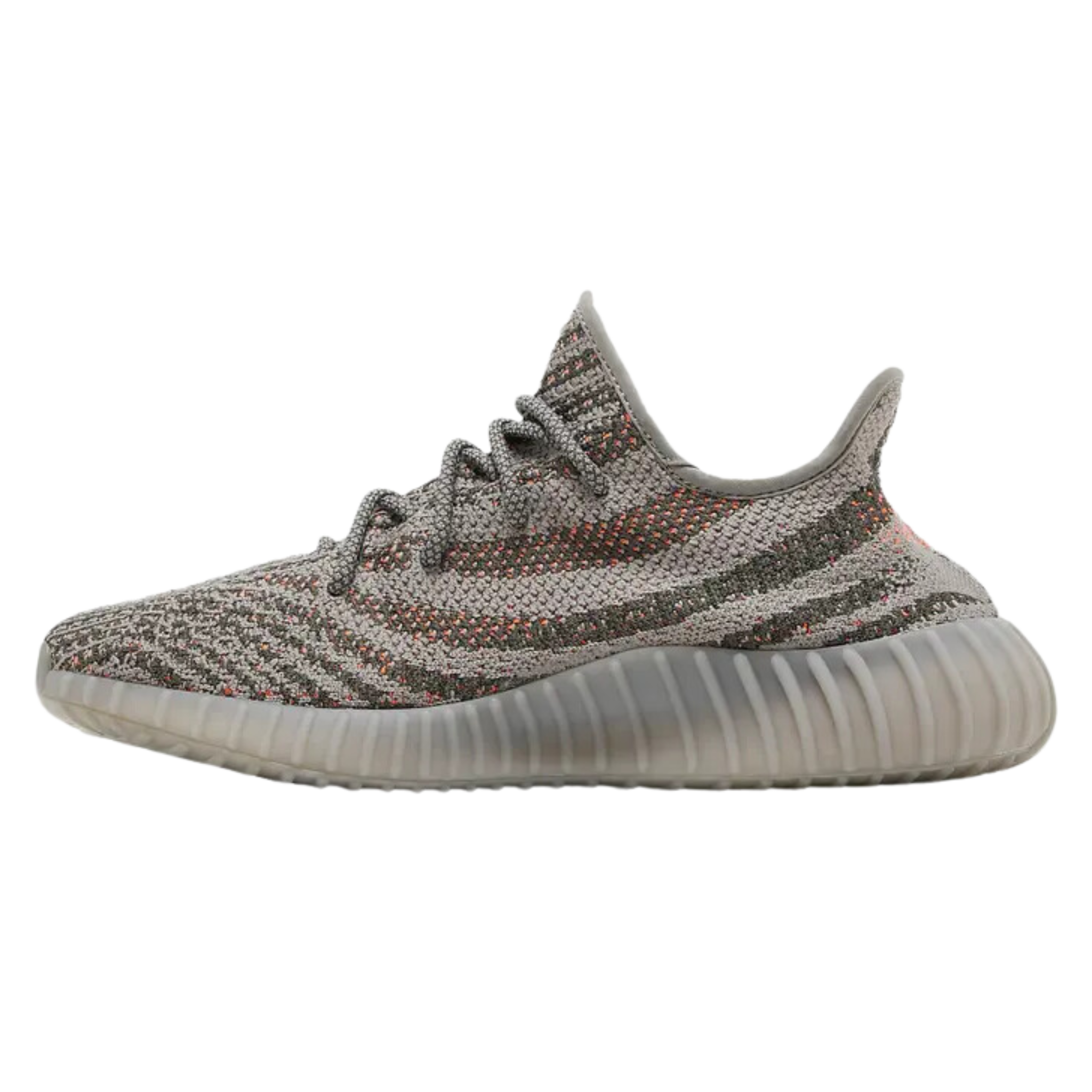 Shop the adidas Yeezy Boost 350 V2 ‘Beluga Reflective,’ featuring a grey Primeknit upper with a bold orange side stripe and SPLY-350 branding. Reflective fibers enhance visibility in low light, while the sneaker retains its iconic tooling with a full-length Boost midsole wrapped in a semi-translucent rubber cage for comfort and durability.