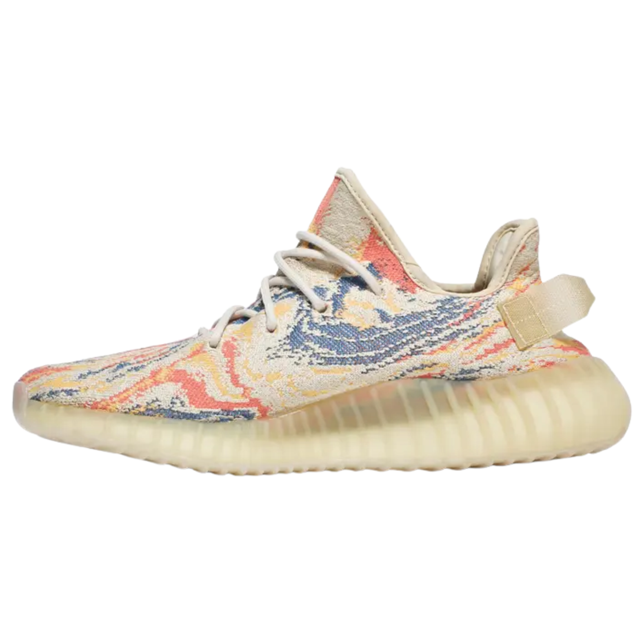 Discover the adidas Yeezy Boost 350 V2 ‘MX Oat’ with a vibrant tan, yellow, blue, and orange Primeknit upper. Featuring traditional lace closure, a pull tab, and a Boost midsole for responsive comfort, all wrapped in semi-translucent rubber.