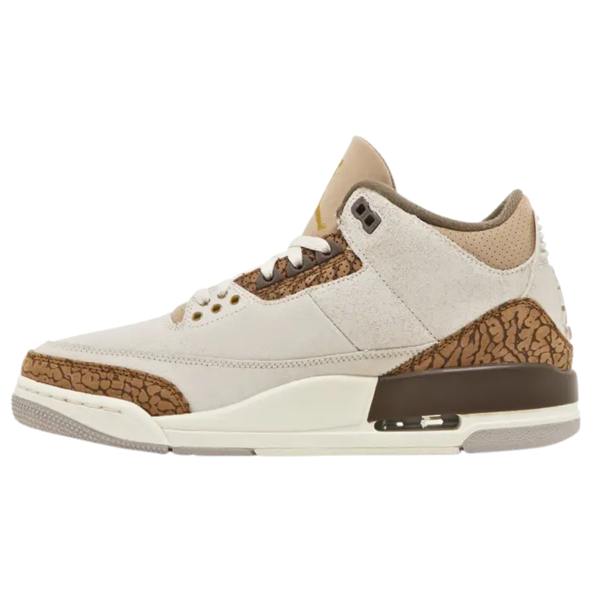 Air Jordan 3 Retro 'Palomino' featuring an off-white suede upper with brown elephant-print overlays at the forefoot and heel, and tan perforated nubuck on the padded collar. The sneaker includes Jumpman branding on the tongue and molded heel tab, an exposed Air-sole unit in the heel of the vintage-finished polyurethane midsole, and a durable grey rubber outsole.