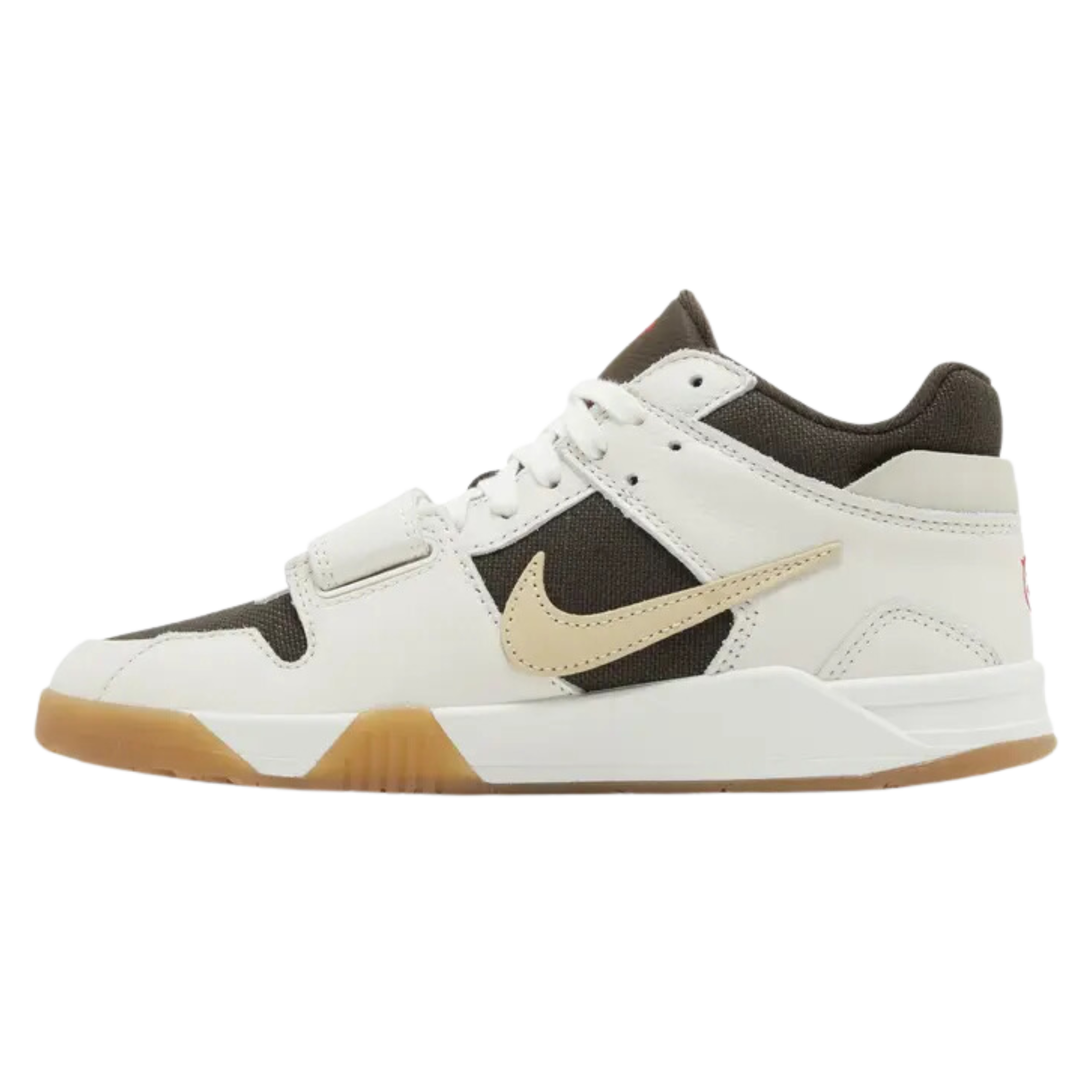 Travis Scott x Jordan Jumpman Jack TR 'Sail' featuring a dark brown canvas upper with off-white leather overlays and a reverse beige Swoosh. The sneaker includes crimson accents on the Jumpman icon on the tongue, Cactus Jack face logo on the back heel, and a grippy gum rubber outsole with a wear-away 'Jack' wordmark, wrapped by a white foam midsole.