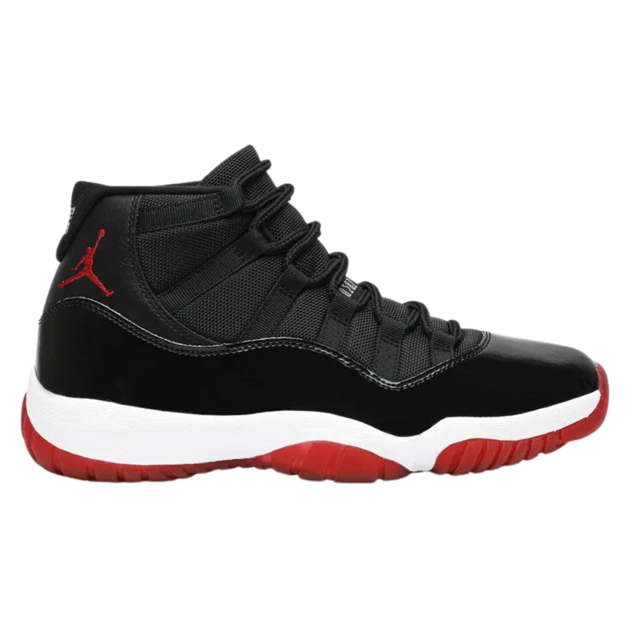 The 2019 Air Jordan 11 Retro 'Bred' features a black mesh upper with shiny black patent leather, a white midsole, and a translucent Varsity Red outsole, celebrating the colorway worn by Michael Jordan during the 1996 NBA championship playoffs.