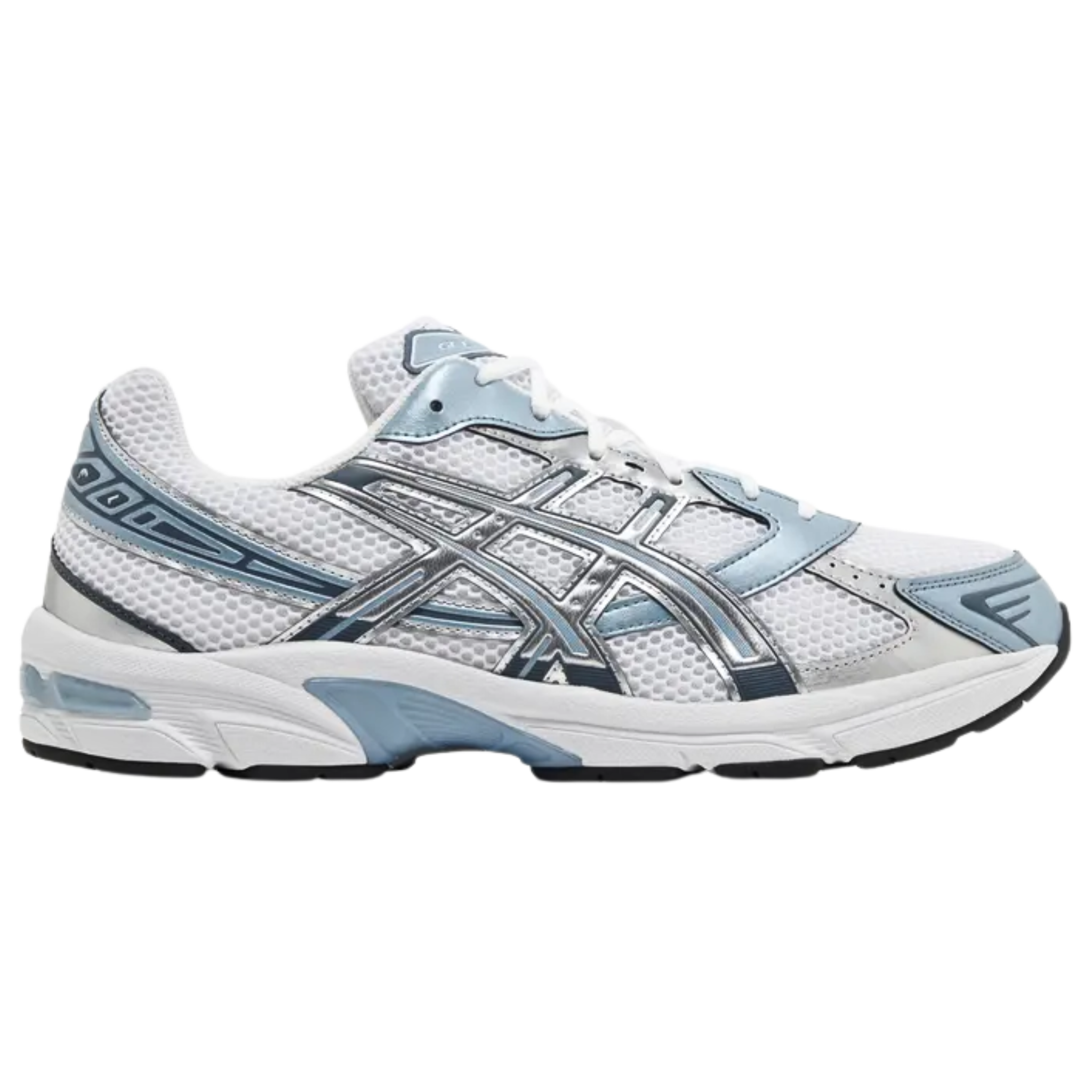 The ASICS Gel 1130 'White Shark Skin' sneaker features a breathable white mesh upper with steel blue synthetic leather overlays and metallic silver tiger stripes. ASICS branding adorns the tongue and sockliner. The sneaker is equipped with a lightweight EVA midsole, visible Gel cushioning in the heel, and a durable rubber outsole with the TRUSSTIC support system, featuring a TPU shank for enhanced stability and performance.