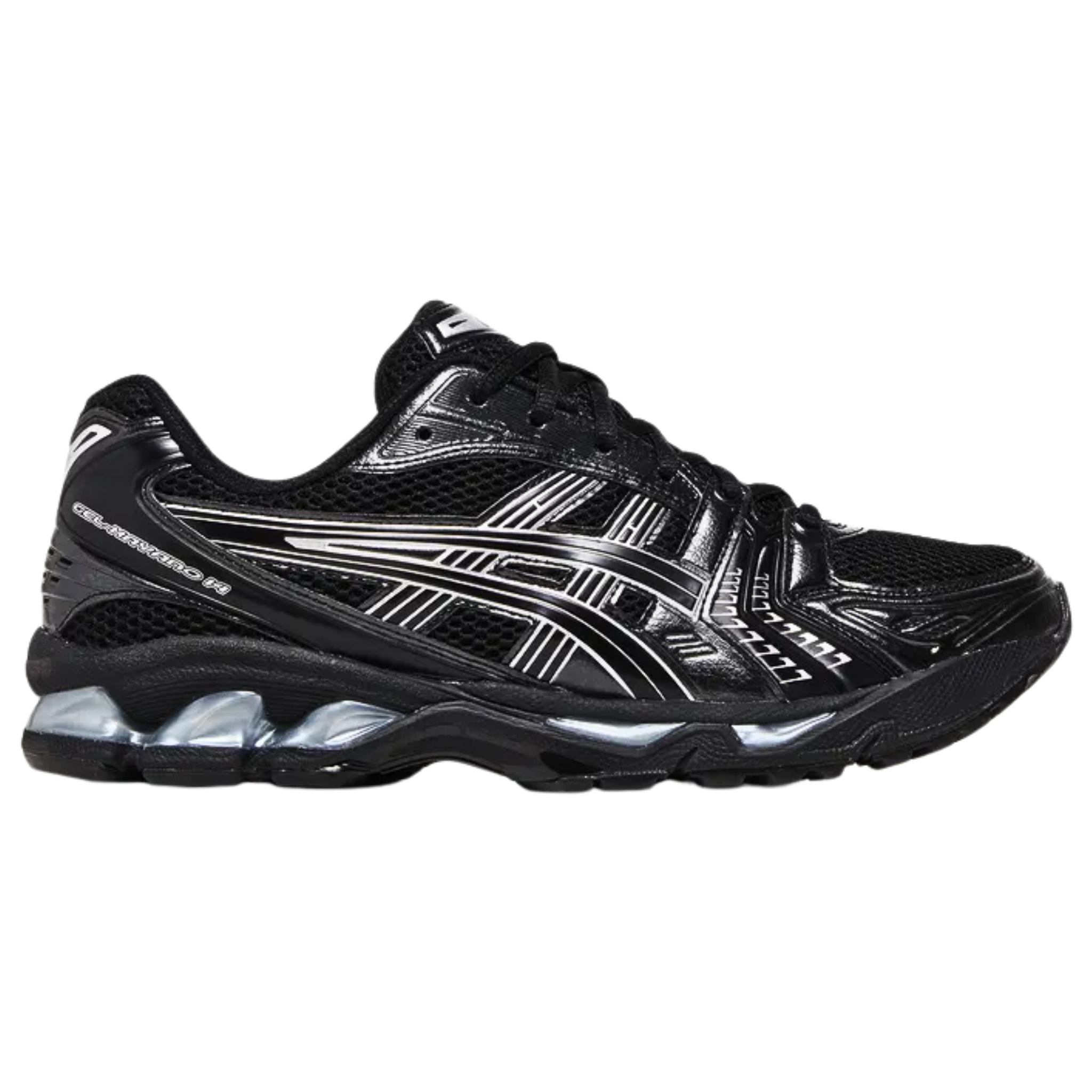 The ASICS Gel Kayano 14 'Black Pure Silver' features a ventilated black mesh upper with tonal synthetic leather overlays and signature side stripes, all highlighted by metallic silver accents. The lightweight design is supported by a black EVA midsole, featuring visible Gel cushioning in both the forefoot and heel for added comfort and performance.