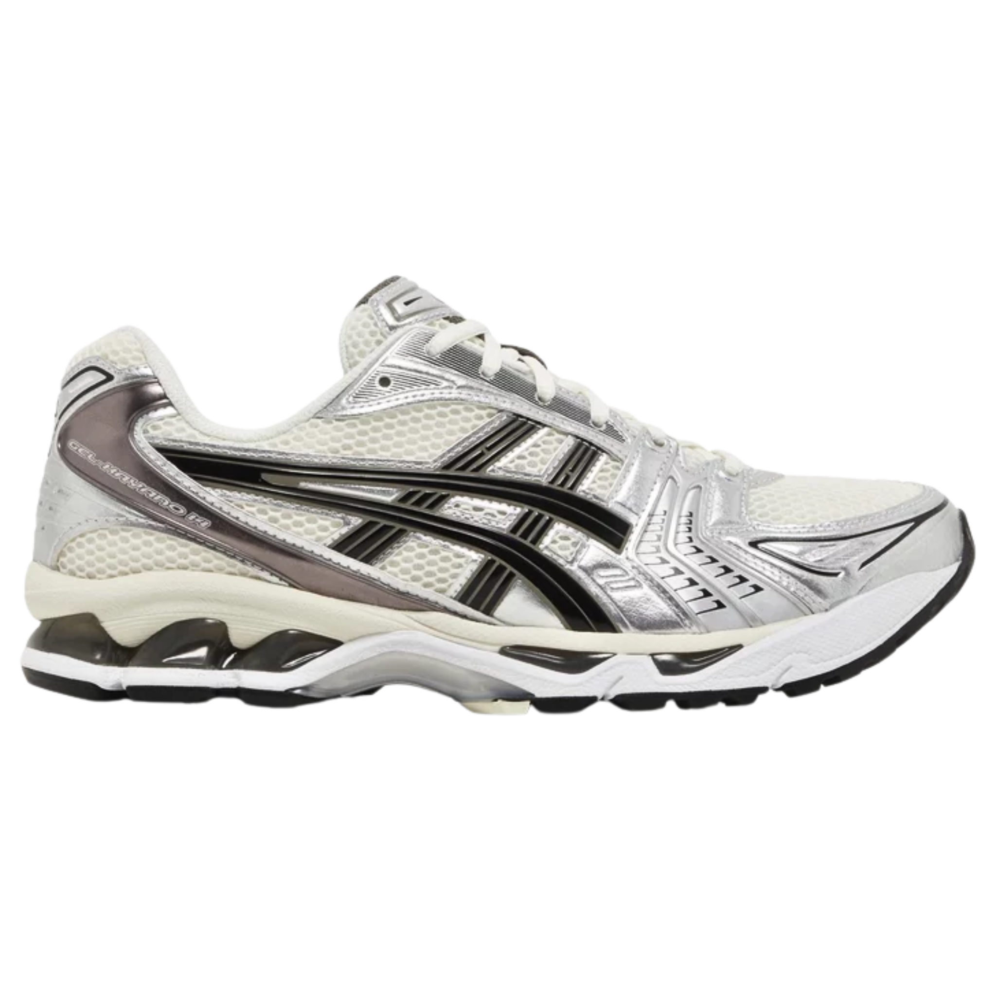 The ASICS Gel Kayano 14 'Silver Cream' features a retro 2000s running-shoe design with black polished side stripes on an off-white mesh upper, reinforced with metallic silver synthetic overlays. The sneaker offers lightweight cushioning with a breathable EVA midsole and visible Gel inserts in both the forefoot and heel. A durable rubber outsole is equipped with the ASICS Trusstic System, providing enhanced midfoot support and stability for added comfort and performance.