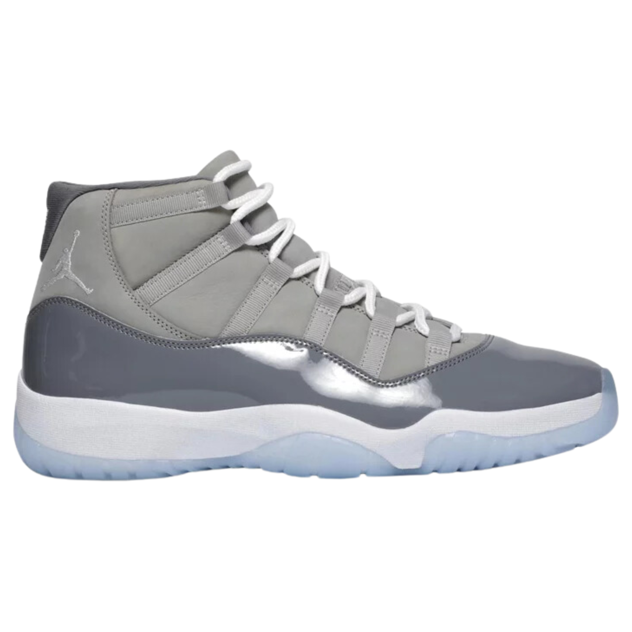 2021 Air Jordan 11 Retro ‘Cool Grey’ featuring a nubuck upper with tonal webbing lace loops and a shiny patent leather overlay in Medium and Cool Grey tones. The sneaker includes a white Jumpman logo on the lateral ankle, a stylized ‘23’ on the heel notch, and a full-length Air-sole unit housed in a white Phylon midsole. Underfoot, a translucent outsole reveals a carbon fiber spring plate for enhanced responsiveness.
