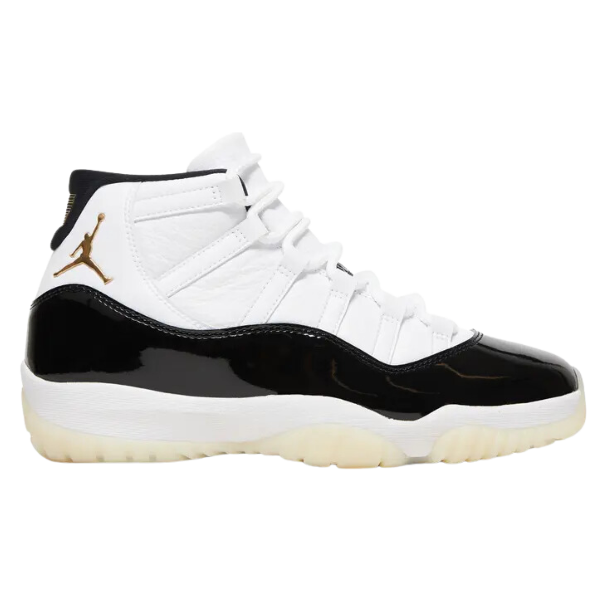 Air Jordan 11 Retro 'Gratitude / Defining Moments' (2023) featuring a white tumbled leather upper with tonal webbing eyelets and a black patent leather mudguard. The sneaker includes metallic gold accents on the embossed Jumpman logo on the lateral ankle, a '23' stamped on the heel tab, a Phylon midsole, a carbon fiber shank plate, and a translucent rubber outsole.