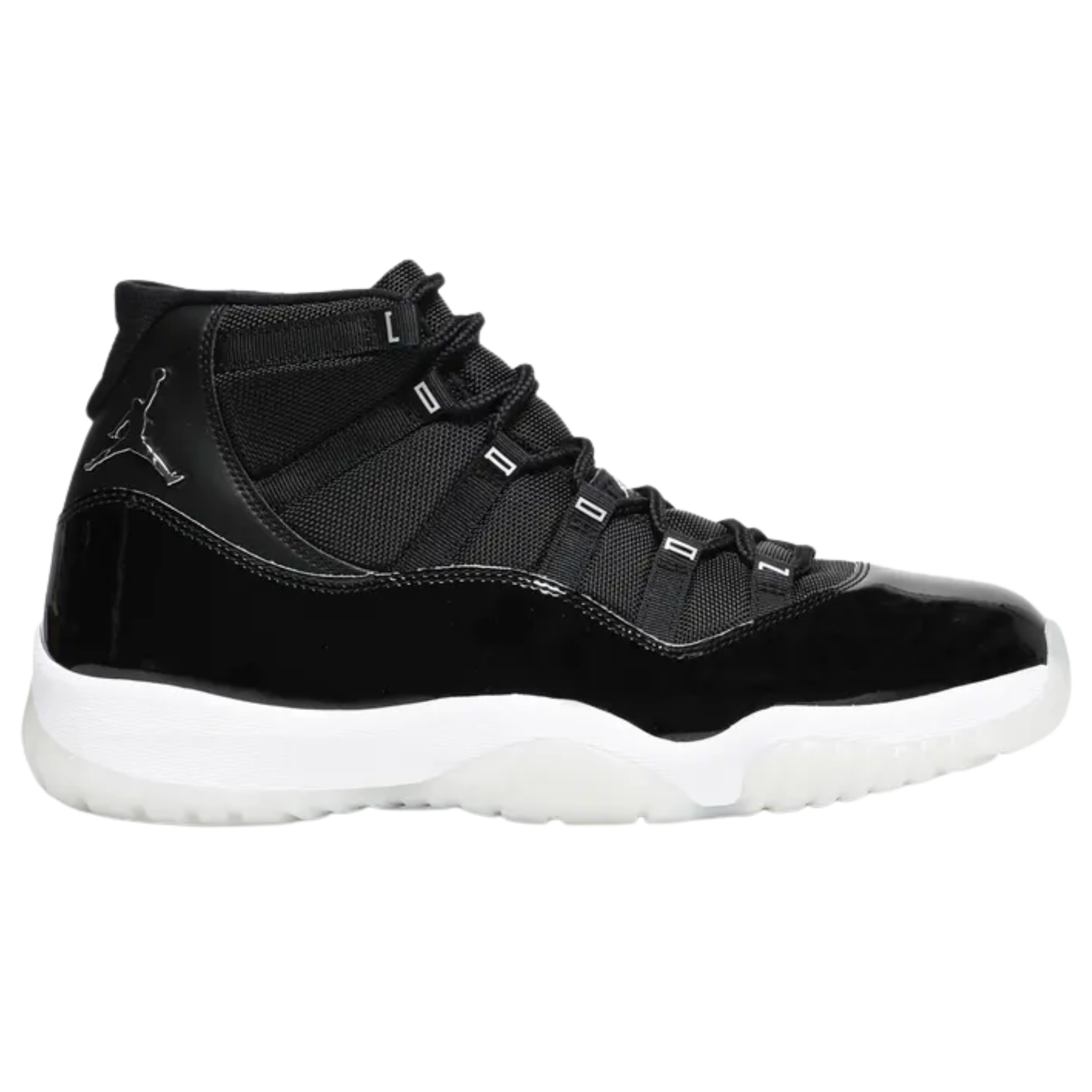 The Air Jordan 11 'Jubilee' celebrates the 25th anniversary with a black ballistic mesh and patent leather upper. A 3D metallic Jumpman and '23' branding adorn the heel, with 'Jordan' spelled out in silver lettering on the eyelets. The sneaker features a white foam midsole and translucent rubber outsole.