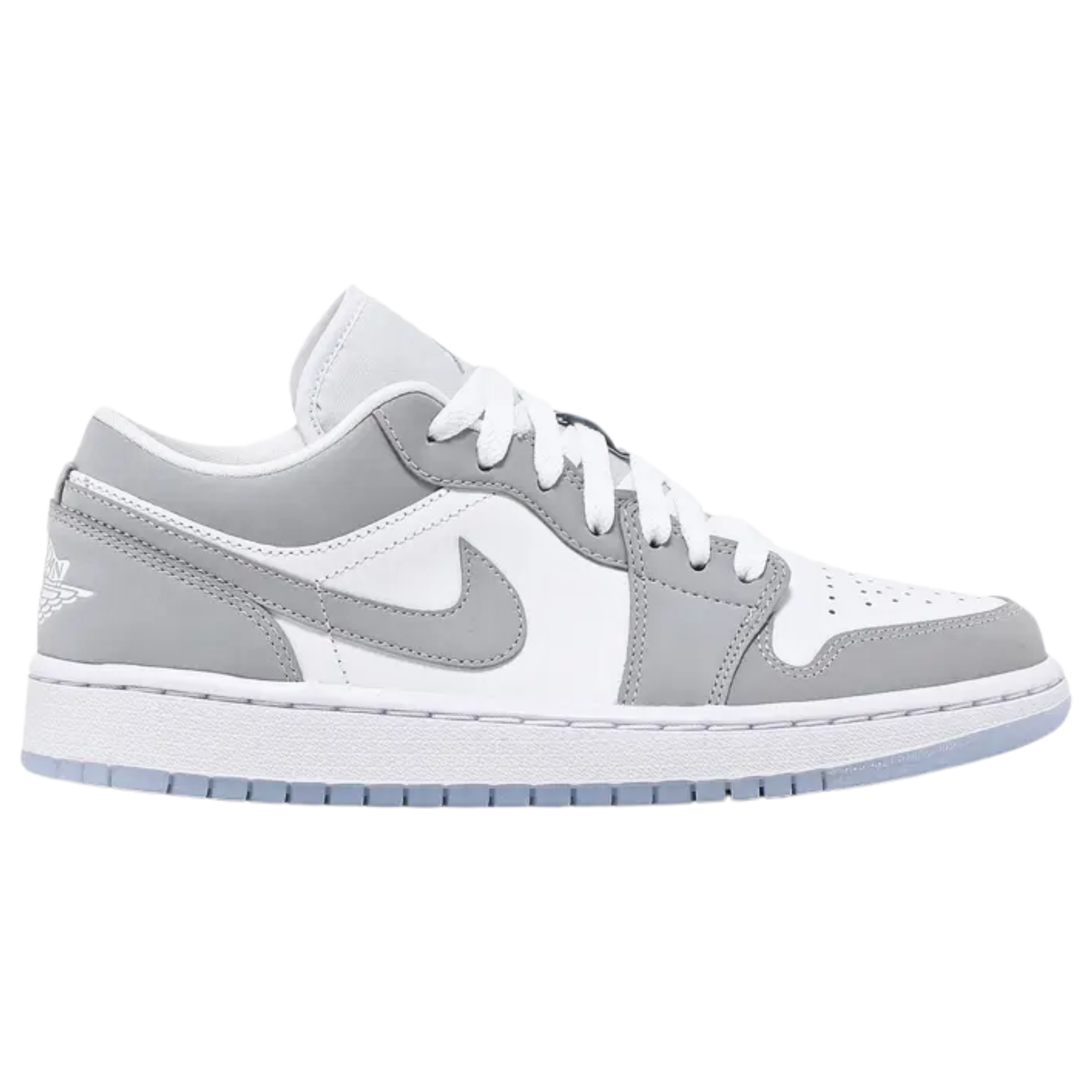 Wmns Air Jordan 1 Low 'White Wolf Grey' 2024 featuring a white leather upper with grey suede overlays and a grey Swoosh. The sneaker includes white laces, a woven Nike Air tongue tag, and a classic Wings logo on the heel tab. It sits on a white midsole with a grey rubber outsole.