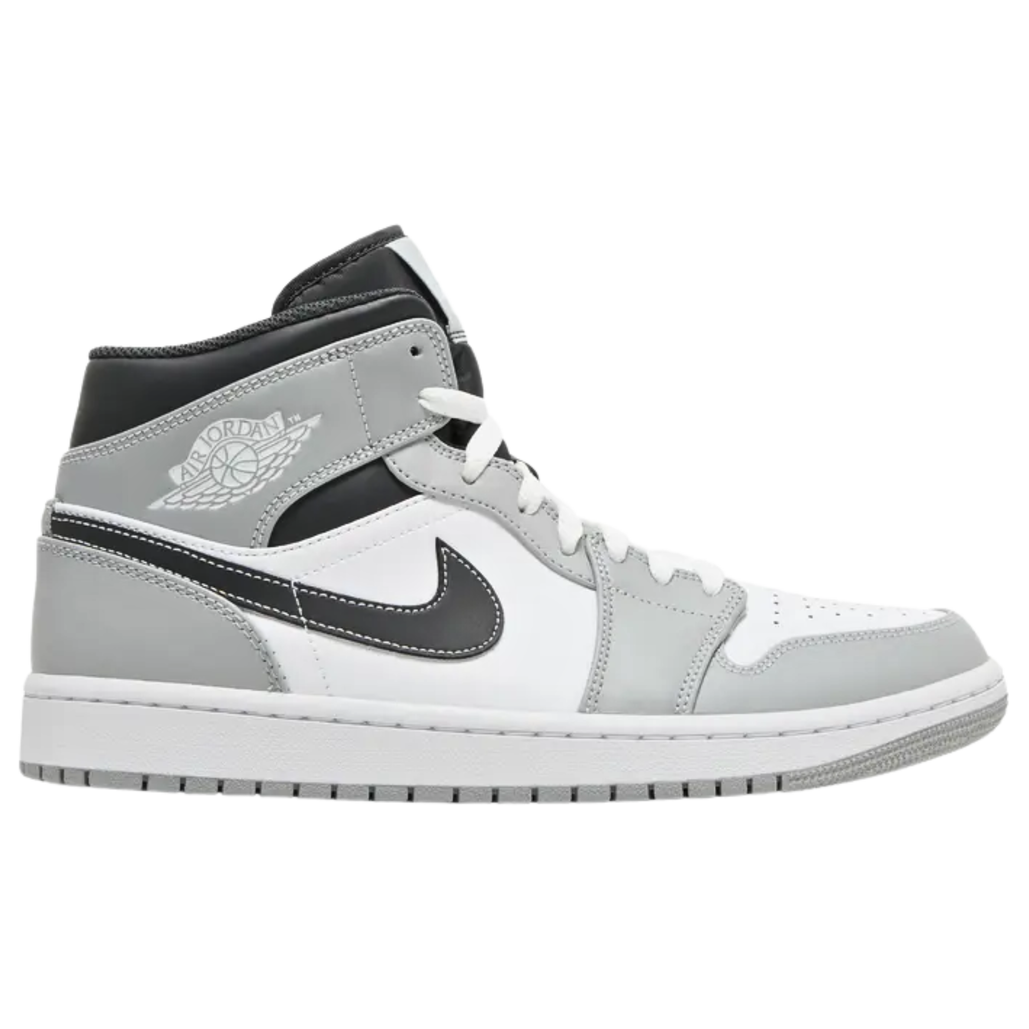 Air Jordan 1 Mid ‘Light Smoke Grey’ Anthracite featuring a smooth leather upper with a white base and light grey overlays at the forefoot and heel. The sneaker includes black accents on the mid-cut collar and Swoosh, with contrast white stitching. Additional branding includes a Jumpman icon on the woven tongue tag and a retro Wings logo on the lateral ankle. It is mounted on a durable rubber cupsole with an encapsulated Air-sole heel unit in lightweight polyurethane.