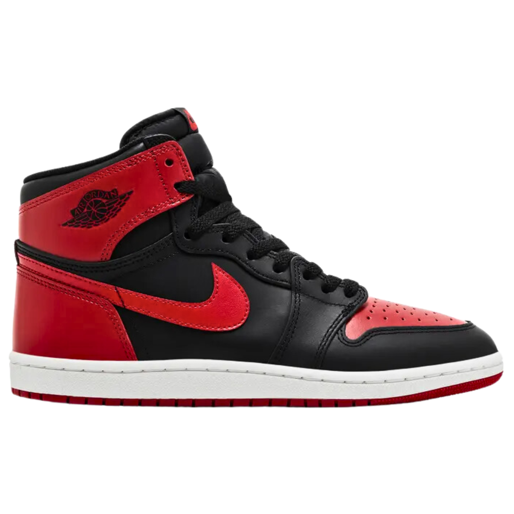 Air Jordan 1 Retro High '85 OG 'Bred' (2025) featuring a black leather upper with Varsity Red accents on the perforated toe, signature Swoosh, heel overlay, and collar flap. The sneaker includes a debossed Wings logo, woven Nike Air tag on the nylon tongue, and a white rubber cupsole with a durable crimson outsole.