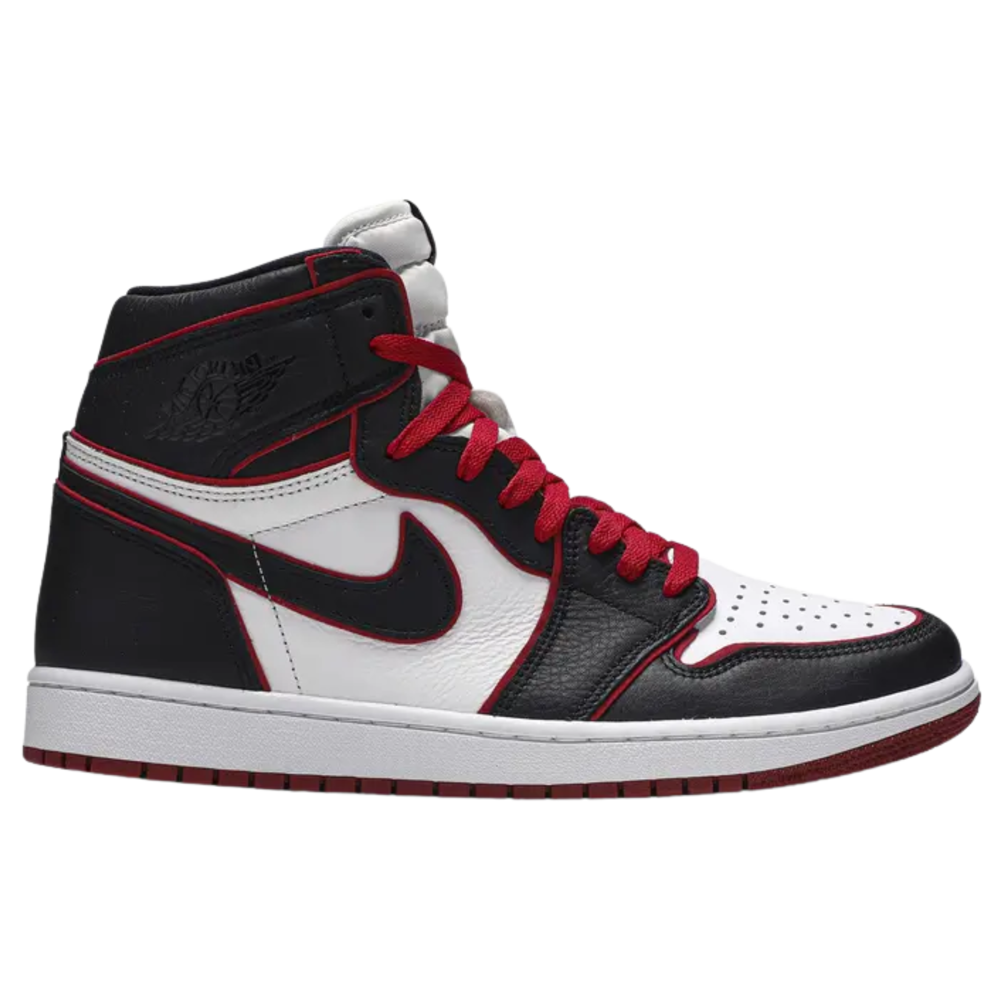 The 2019 Air Jordan 1 High Retro OG 'Bloodline' features a leather upper with a classic red, black, and white color scheme, complemented by retro Swooshes, Wings logo branding, and a dual-tone rubber cupsole with encapsulated Air cushioning.