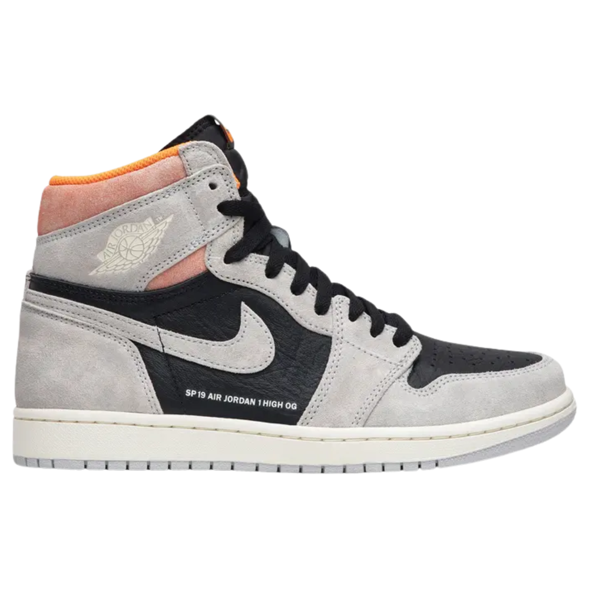 The Air Jordan 1 Retro High OG ‘Neutral Grey’ features a tumbled black leather base with soft grey suede overlays and a Hyper Crimson pop on the collar. The quarter panel is stamped with 'SP 19 Air Jordan 1 High OG' in white print.