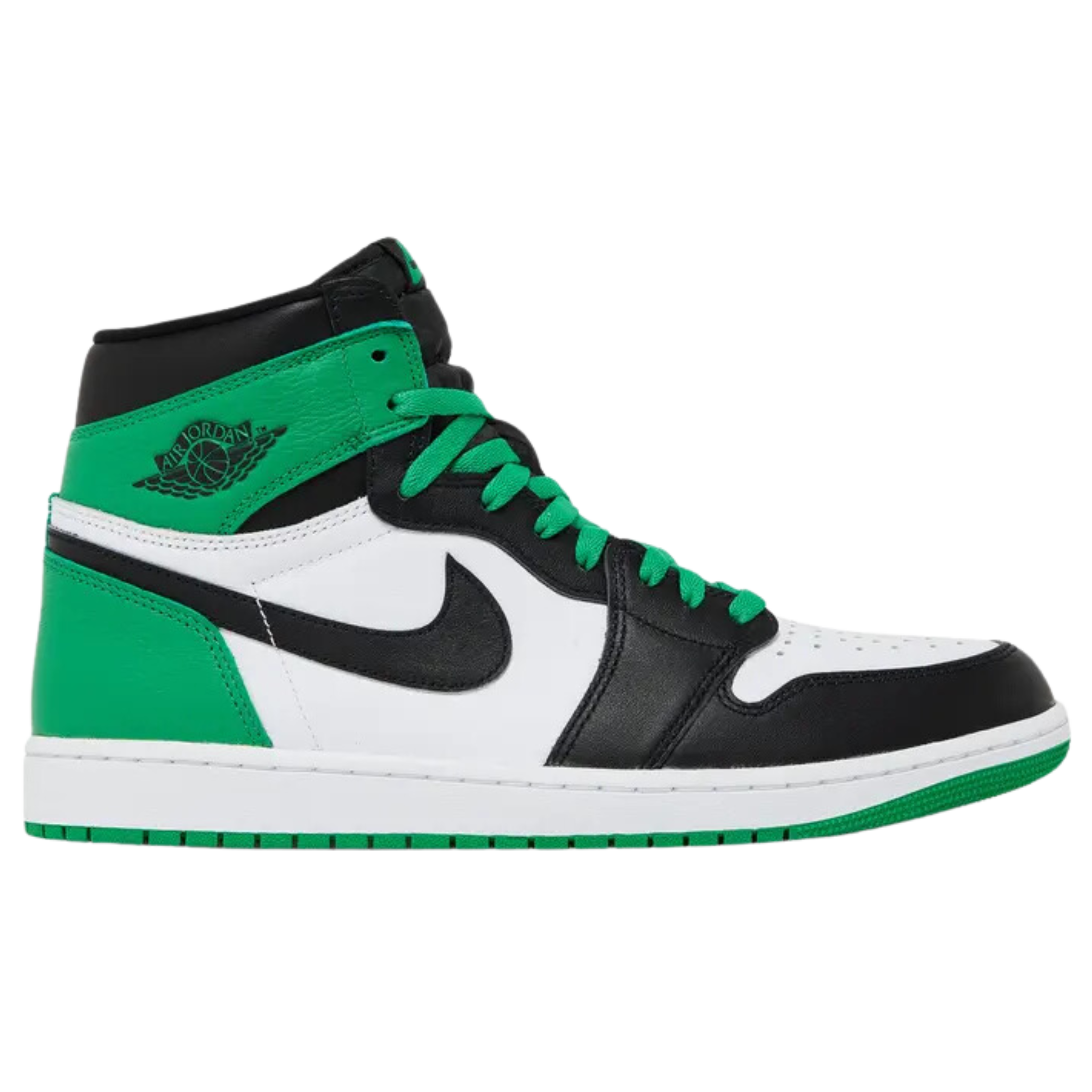 Air Jordan 1 Retro High OG ‘Lucky Green’ featuring a smooth leather upper with a white base and black accents on the forefoot overlay, Swoosh, and padded collar. The sneaker includes green accents on the heel overlay and ankle flap, a retro Wings logo on the lateral side, and a woven Nike tag atop the breathable nylon tongue.