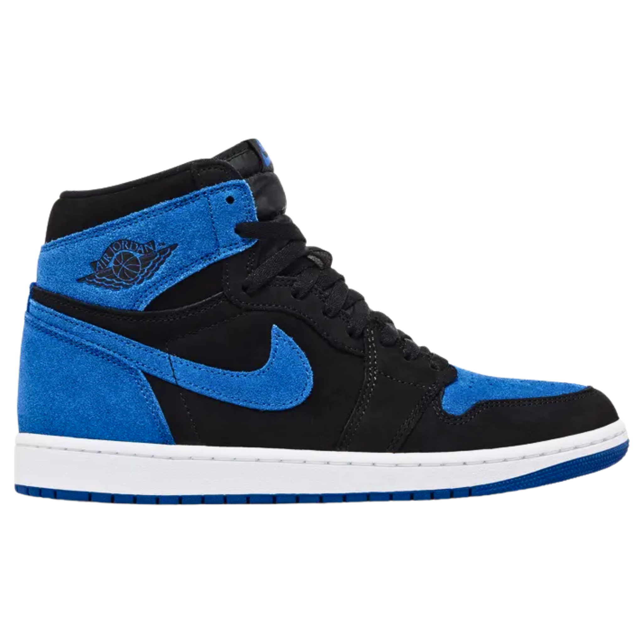 Air Jordan 1 Retro High OG 'Royal Reimagined' featuring a smooth suede upper with a black base and royal blue accents on the toe box, Swoosh, heel, and collar overlay. The sneaker includes a Jordan Wings logo on the collar, a woven Nike Air tag on the nylon tongue, and a sturdy rubber cupsole with white sidewalls and a royal blue outsole.