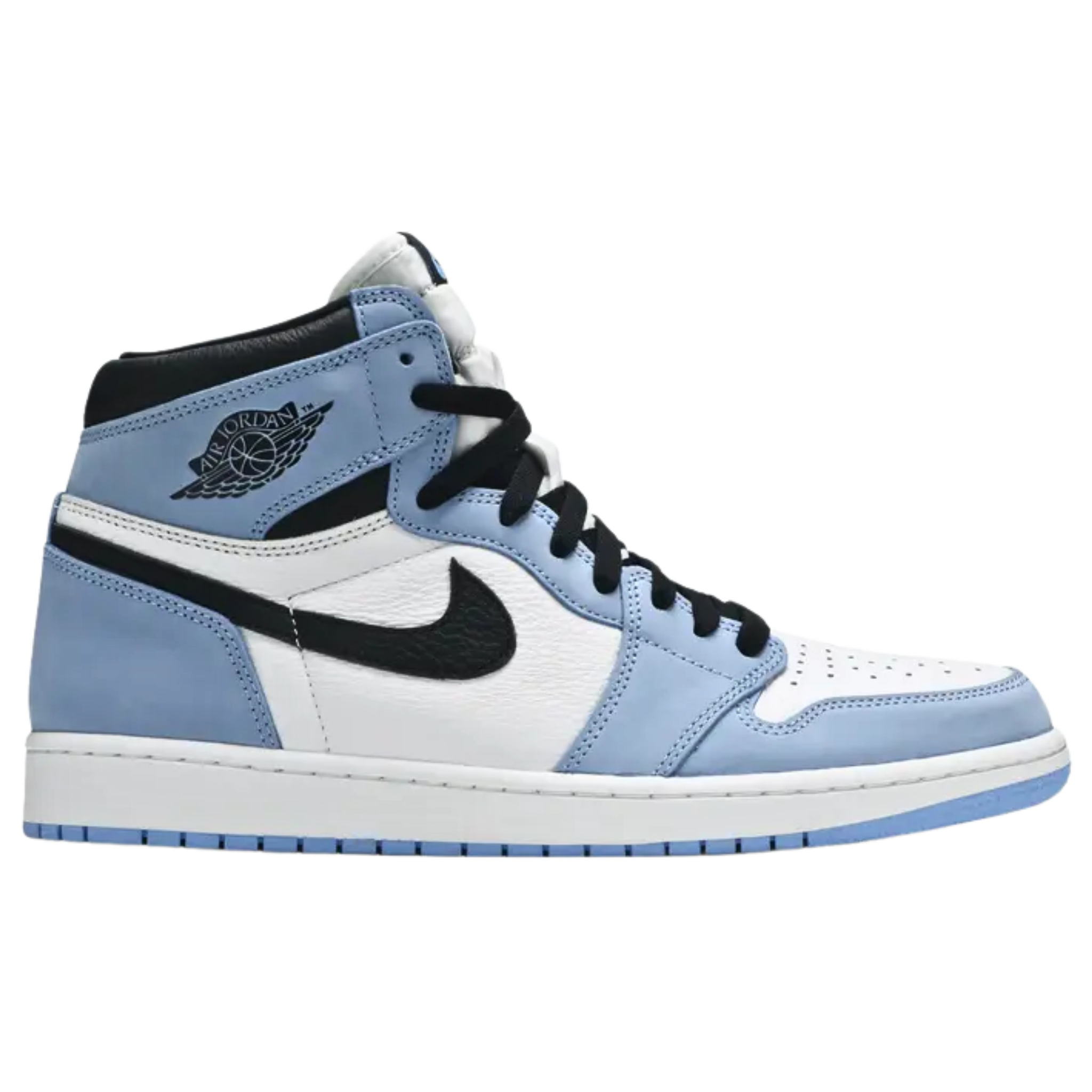 Air Jordan 1 Retro High OG 'University Blue' featuring an all-leather upper with a white base, powder blue overlays, and a black Swoosh. Black accents appear on the collar, tongue tag, and printed Wings logo. A brighter blue shade decorates the standard AJ1 outsole with multi-directional traction and a pivot point.