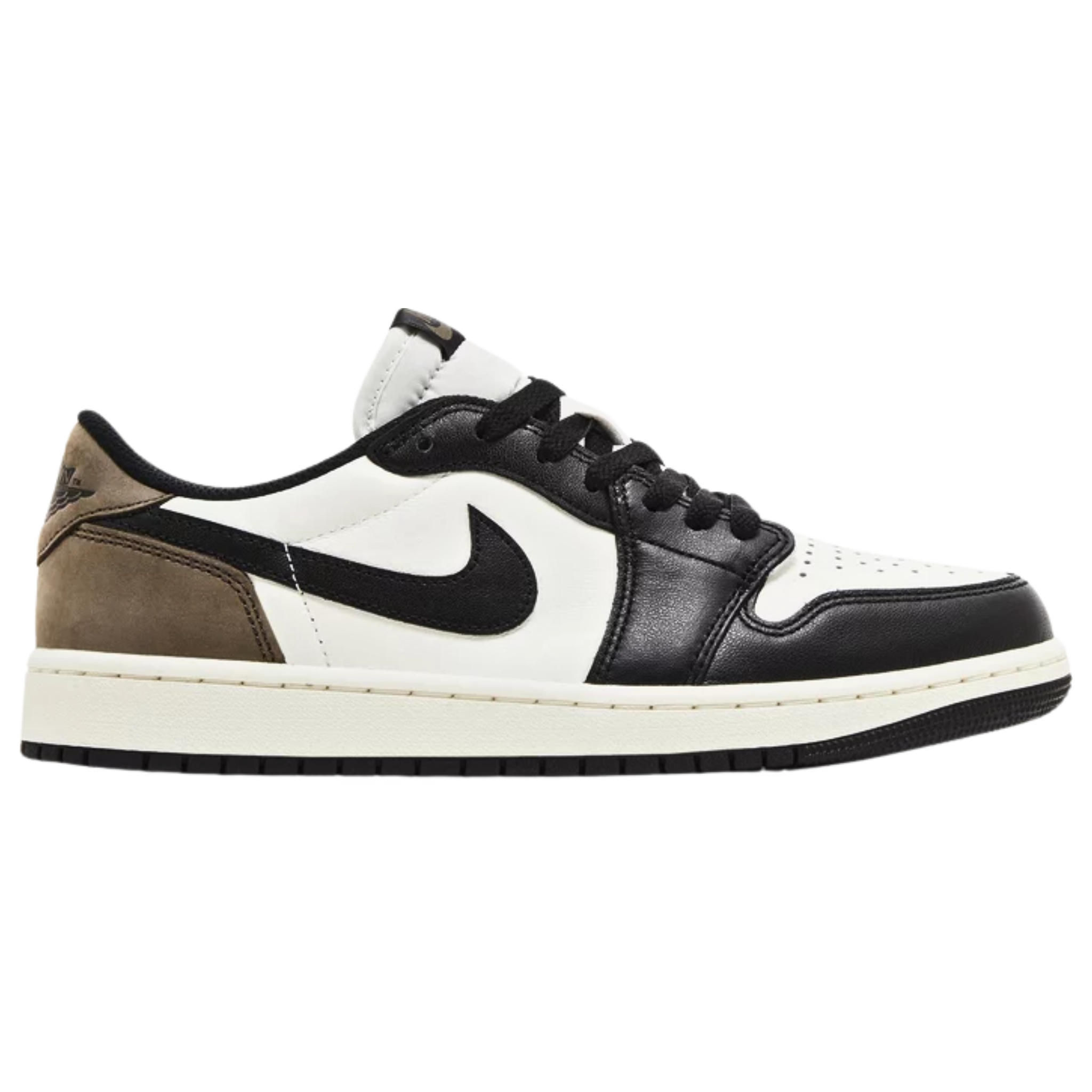Air Jordan 1 Retro Low OG 'Mocha' featuring a white leather upper with black accents on the forefoot overlay and Swoosh. The sneaker includes brown nubuck heel overlays and back tab with a black Wings logo, Nike Air branding on the woven tongue tag and sockliner, and an off-white midsole with encapsulated Air-sole cushioning and a black rubber outsole.