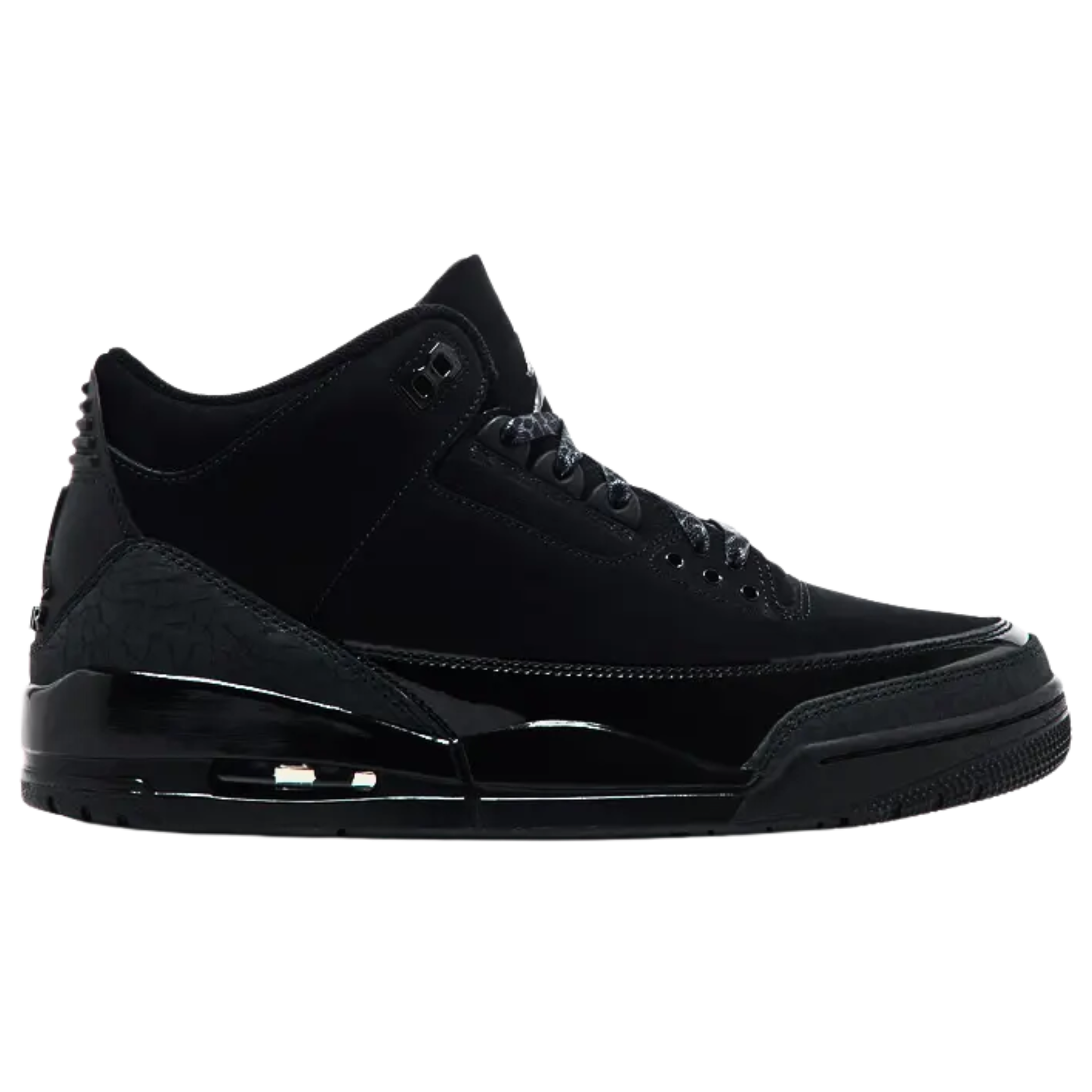 Air Jordan 3 Retro 'Black Cat' (2025) featuring a black nubuck upper with a patent leather mudguard, charcoal elephant-print overlays, and Jumpman branding on the tongue and molded back tab. The sneaker includes a glossy black polyurethane midsole with an exposed Air-sole unit in the heel.