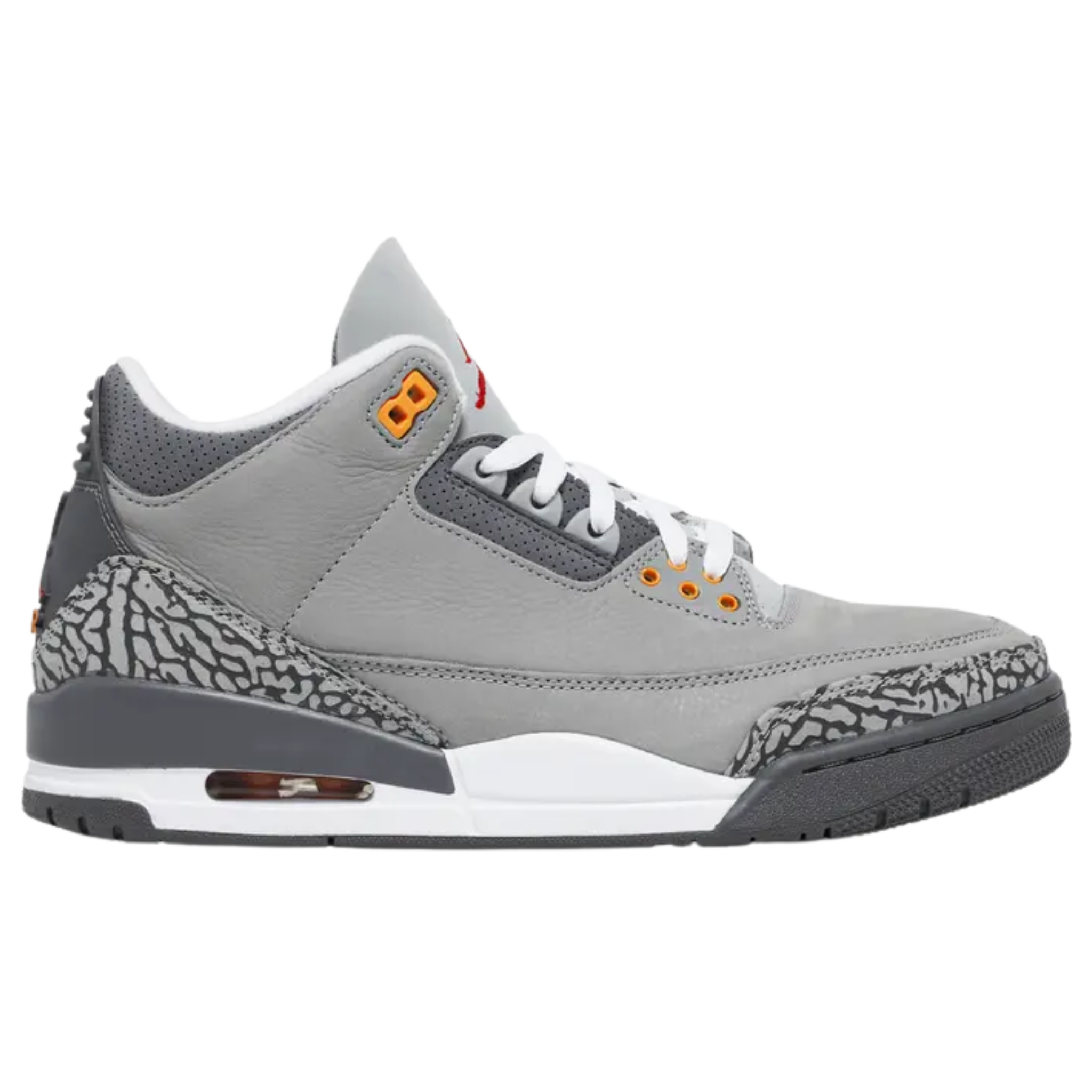 2021 reissue of the Air Jordan 3 Retro 'Cool Grey' with a grey leather upper, signature elephant print overlays at the toe and heel. The tongue features an embroidered Jumpman in Sport Red, with citrus hits of Orange Peel on the molded eyelets and Jumpman logo on the back heel.