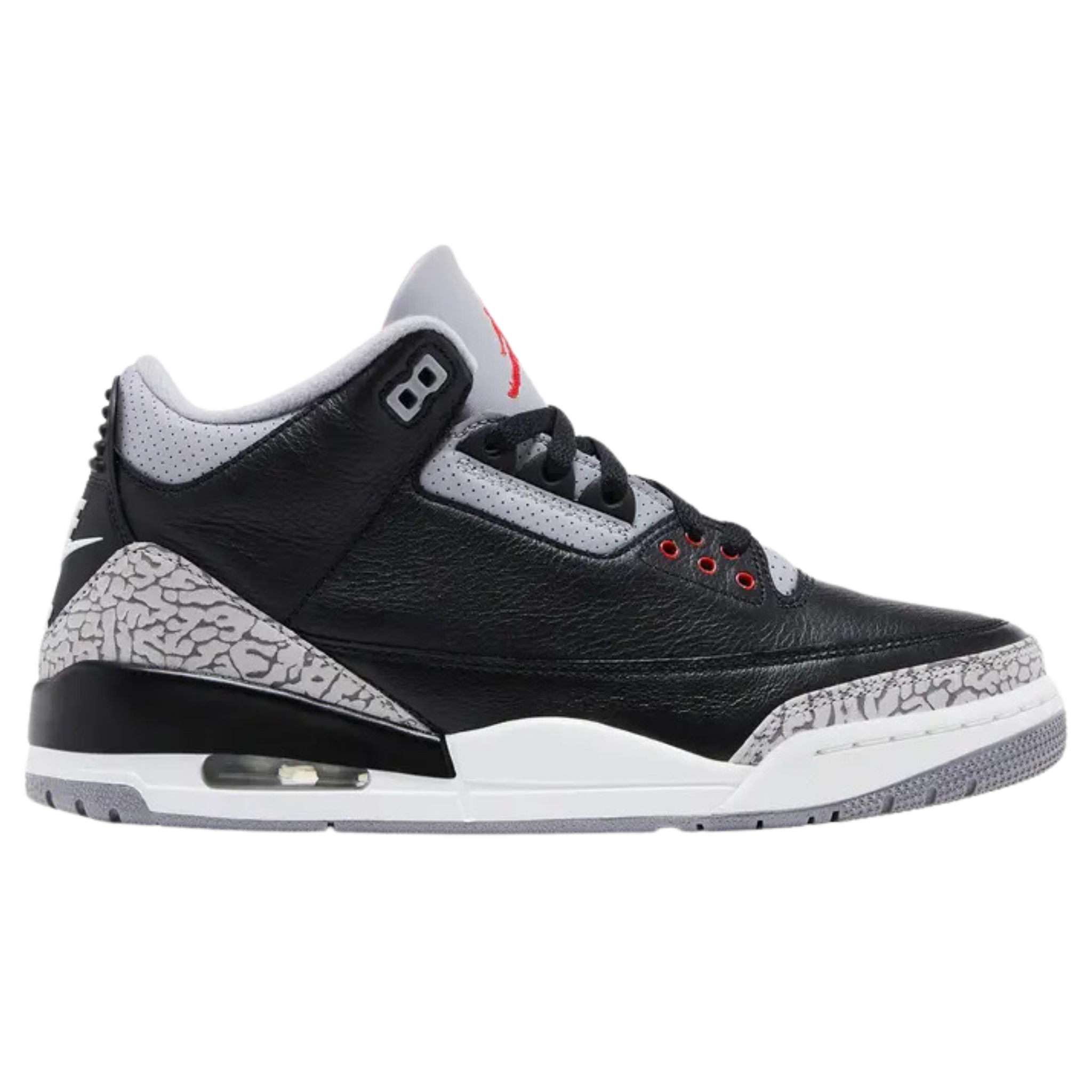 Air Jordan 3 Retro OG 'Black Cement' (2024) featuring a black tumbled leather upper with grey elephant print overlays at the forefoot and heel. The sneaker includes a Fire Red embroidered Jumpman on the tongue, a raised Nike Air logo on the back heel, a white polyurethane midsole with visible Air-sole cushioning, and a grey rubber outsole for durable traction.
