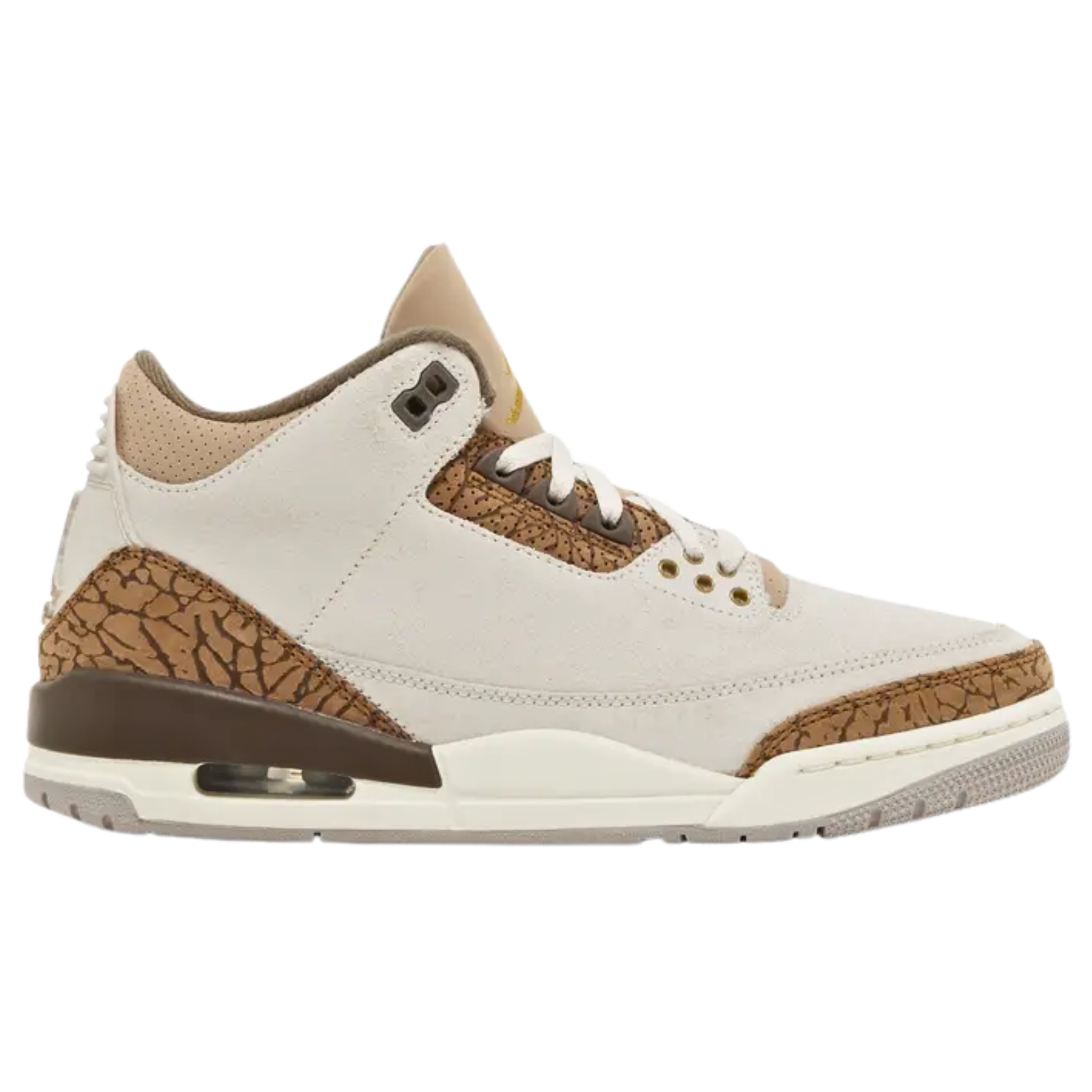 Air Jordan 3 Retro 'Palomino' featuring an off-white suede upper with brown elephant-print overlays at the forefoot and heel, and tan perforated nubuck on the padded collar. The sneaker includes Jumpman branding on the tongue and molded heel tab, an exposed Air-sole unit in the heel of the vintage-finished polyurethane midsole, and a durable grey rubber outsole.