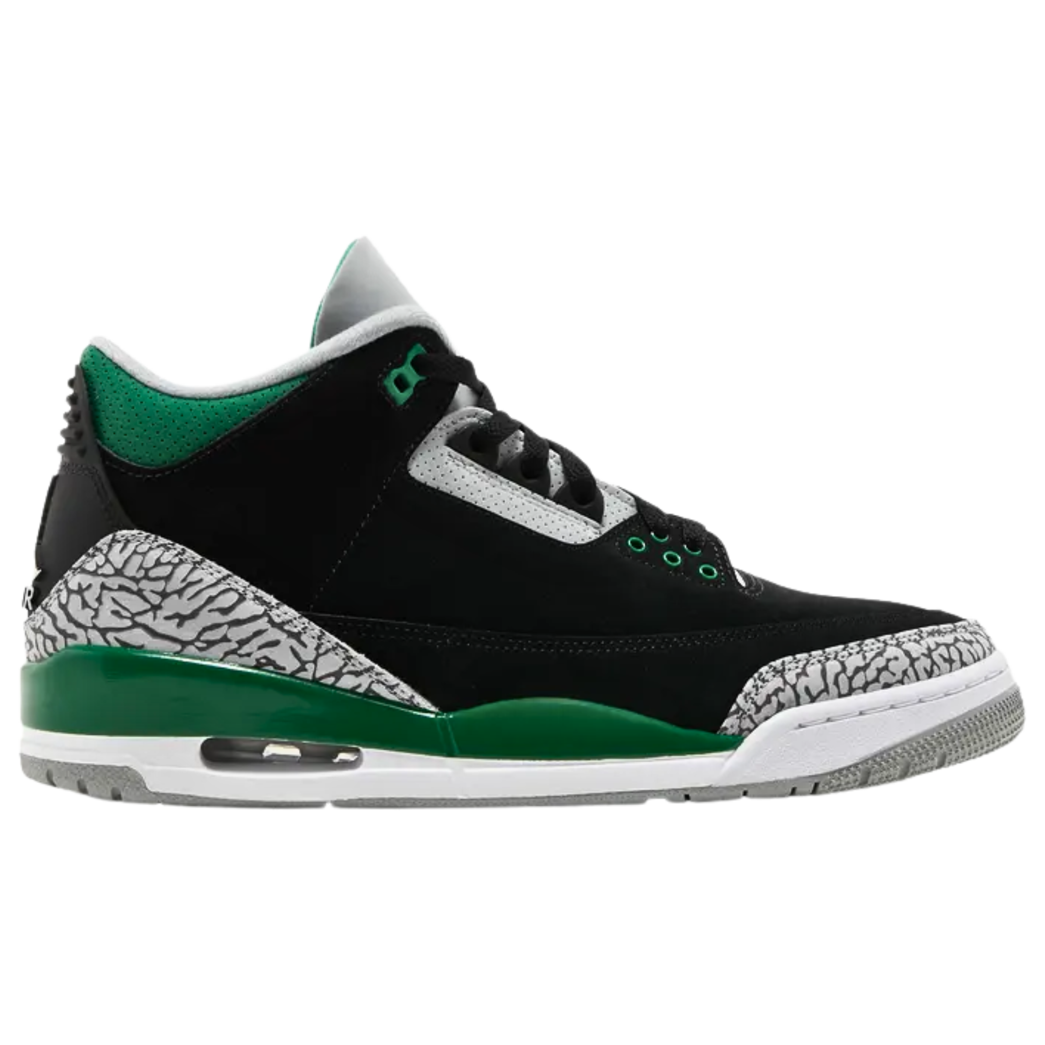 Air Jordan 3 Retro ‘Pine Green’ featuring a black textured nubuck upper with verdant green accents on the molded eyelets, perforated leather collar, and embroidered Jumpman branding. The sneaker includes elephant print forefoot and heel overlays, a molded heel tab with a second Jumpman icon, and a white polyurethane midsole with contrast green detailing and visible Air-sole cushioning under the heel.