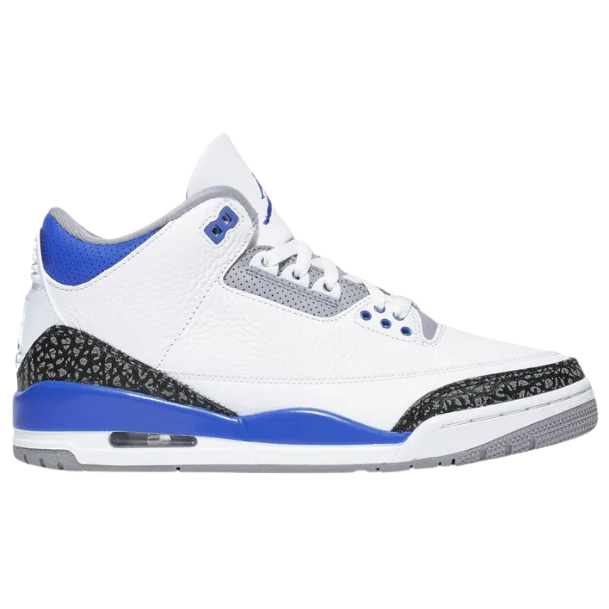 Air Jordan 3 Retro ‘Racer Blue’ featuring a white tumbled leather upper with royal blue detailing on the eyelets, collar, and polyurethane midsole. The sneaker includes visible Air sole cushioning under the heel, Jumpman branding on the tongue and heel, and dual elephant-print overlays with a pronounced crackle pattern.