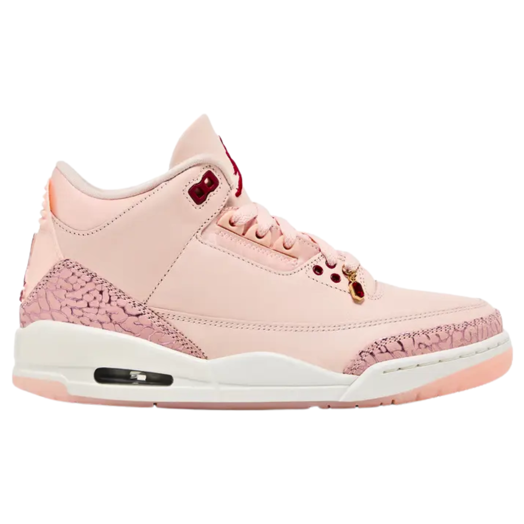 Women's Air Jordan 3 Retro 'Treat Yourself' featuring a Washed Coral tumbled leather upper with tonal elephant print overlays, Gym Red molded eyelets, and matching Jumpman branding on the tongue and heel tab. The sneaker includes an off-white polyurethane midsole with a visible Air-sole unit and a pink semi-translucent rubber outsole for traction.