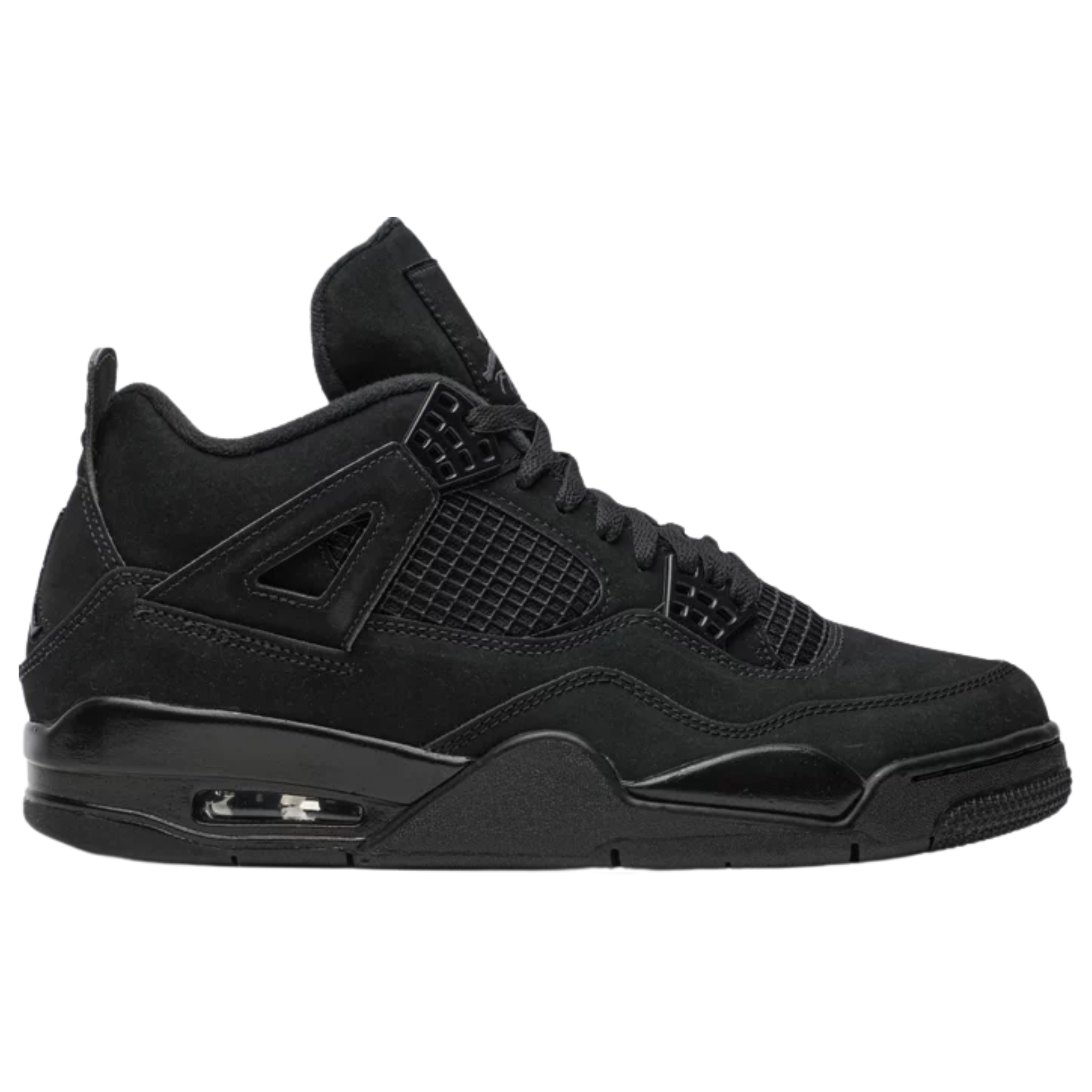 The 2020 edition of the Air Jordan 4 Retro 'Black Cat' features a monochromatic black suede upper and midsole, with Light Graphite Jumpman branding on the woven tongue tag as the only contrasting design element.