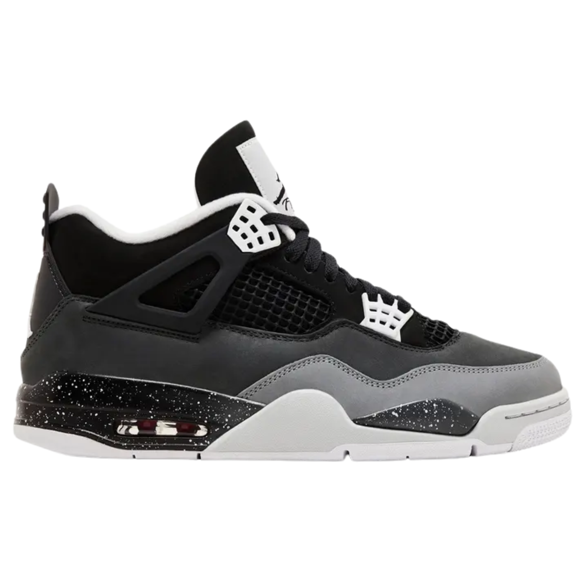 Air Jordan 4 Retro 'Fear' (2024) featuring a smooth nubuck upper with grey mudguard and toe wrap. The sneaker includes white molded eyelets, Jumpman branding on the woven tongue tag and back heel, and white speckled detailing on a black polyurethane midsole with visible Air-sole cushioning in the heel.