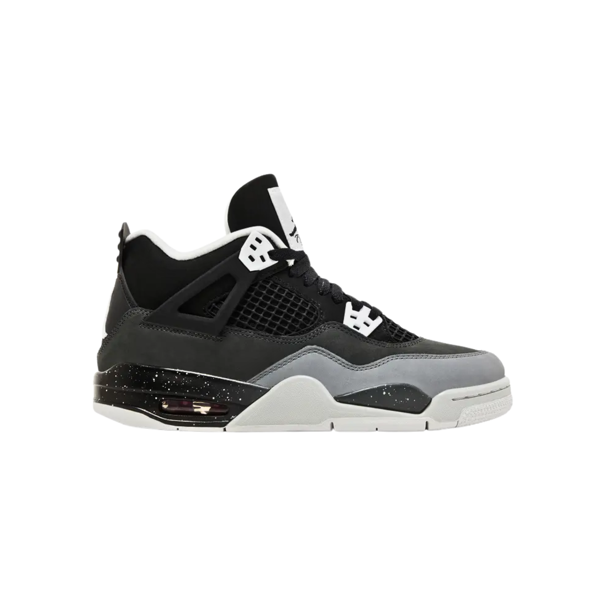 The 2024 Air Jordan 4 Retro GS 'Fear' features a black nubuck upper with Cool Grey and Pure Platinum accents, Jumpman branding on the tongue and heel, and a speckled black midsole with a red-tinged Air-sole unit.