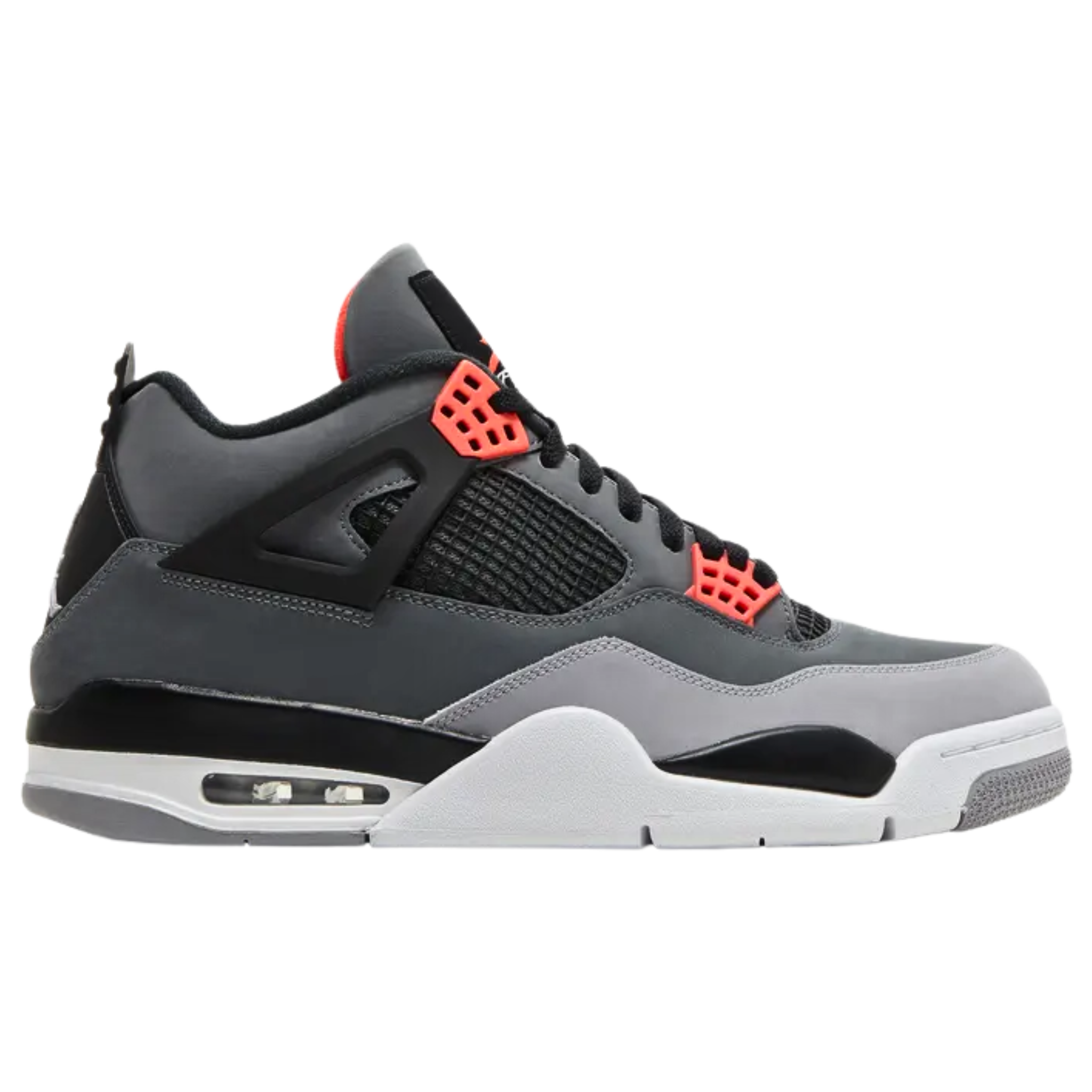 Air Jordan 4 Retro ‘Infrared’ featuring a charcoal nubuck upper with a lighter grey forefoot overlay, black accents on the quarter panel netting, structural wings, and Jumpman-branded heel tab. The sneaker includes infrared accents on the woven tongue tag and molded eyelets, with a polyurethane midsole featuring visible Air-sole cushioning in the heel.