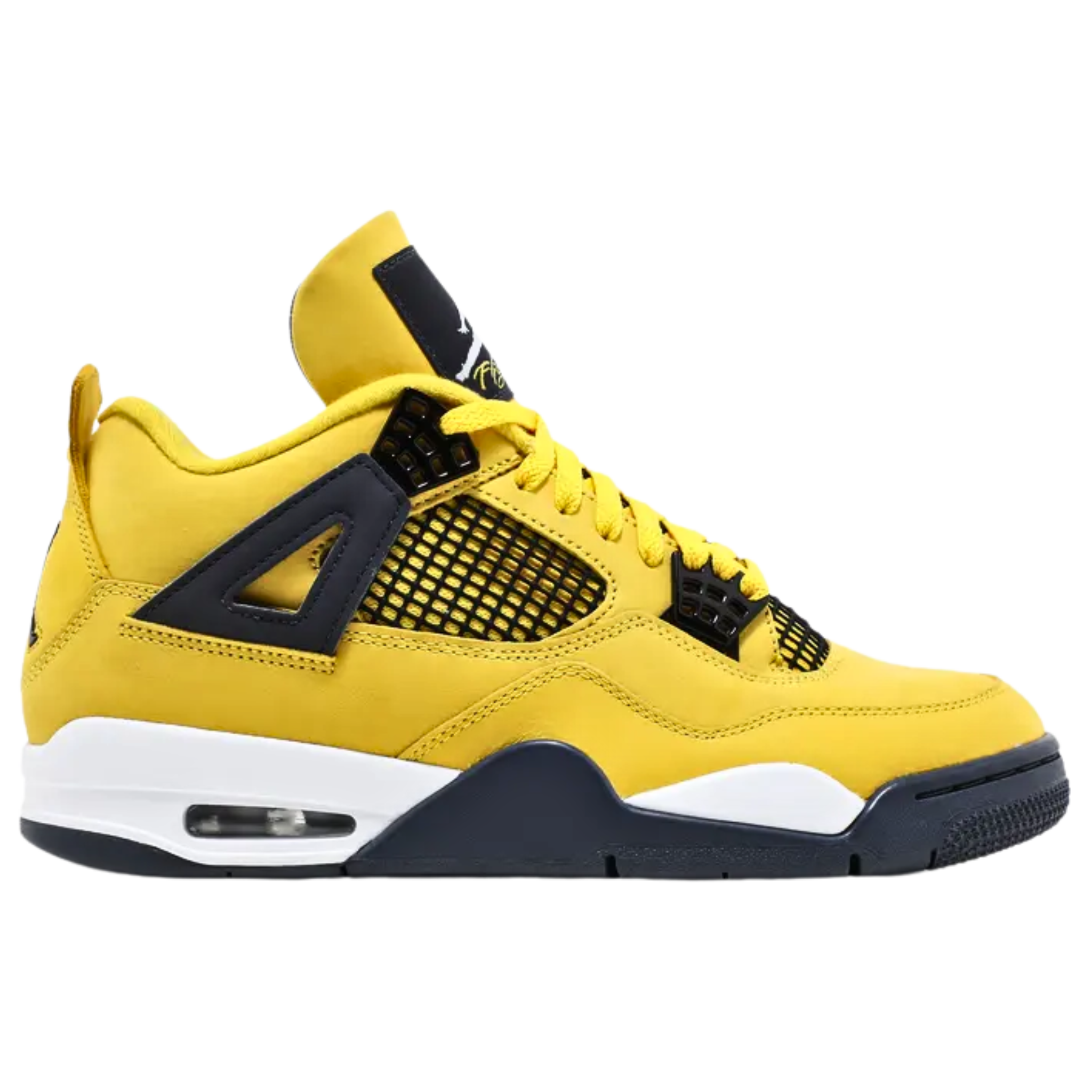 2021 Air Jordan 4 Retro ‘Lightning’ featuring a bright yellow nubuck upper with black netting and dark grey structural wings. The sneaker includes matching grey accents on the woven tongue tag, interior tongue, and Jumpman branding at the heel. It sits on a white PU midsole with visible Air-sole cushioning and a dark grey herringbone rubber outsole.