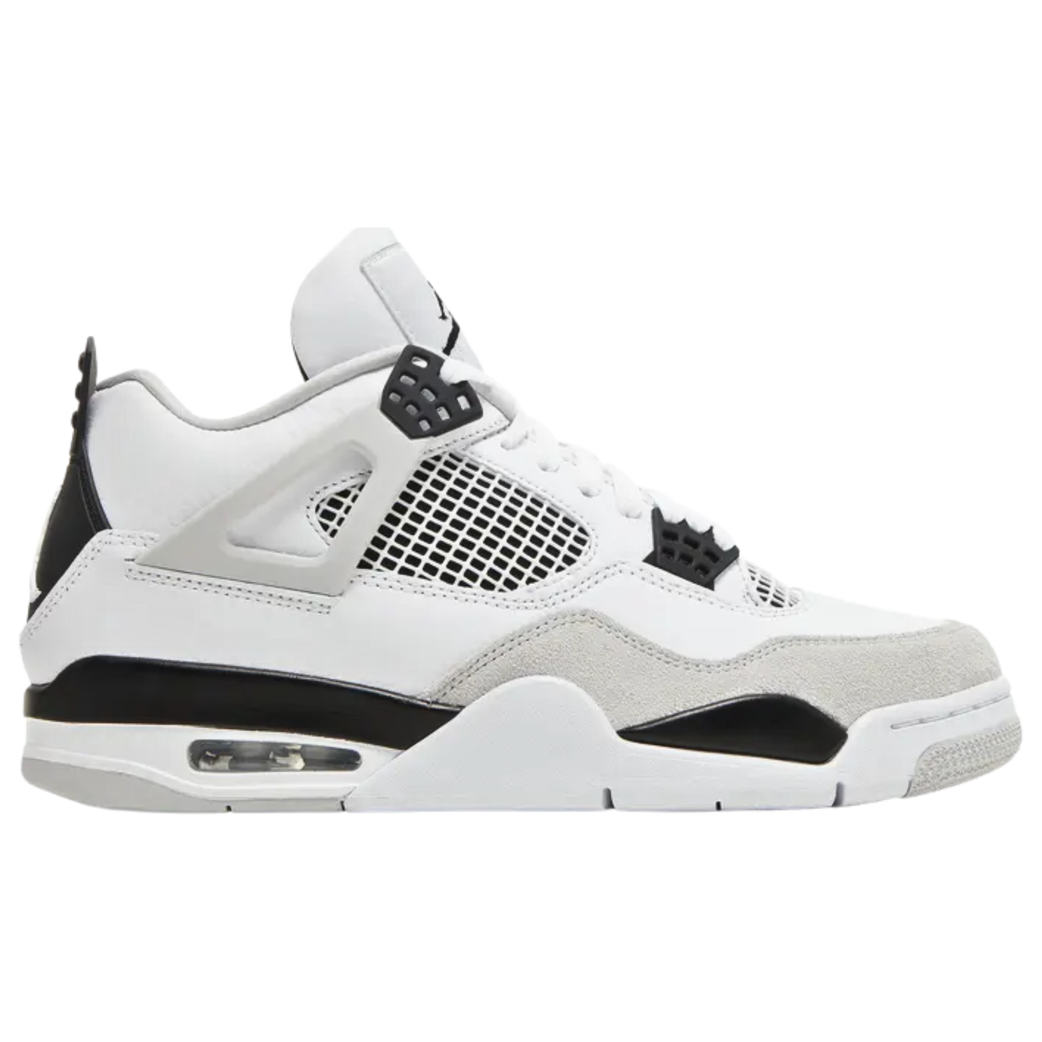 Air Jordan 4 Retro ‘Military Black’ featuring a smooth white leather upper with a grey suede forefoot overlay. The sneaker includes black accents on the TPU eyelets, molded heel tab, and Jumpman logo on the woven tongue tag. It is mounted on a two-tone polyurethane midsole with a visible Air-sole unit under the heel for cushioning.