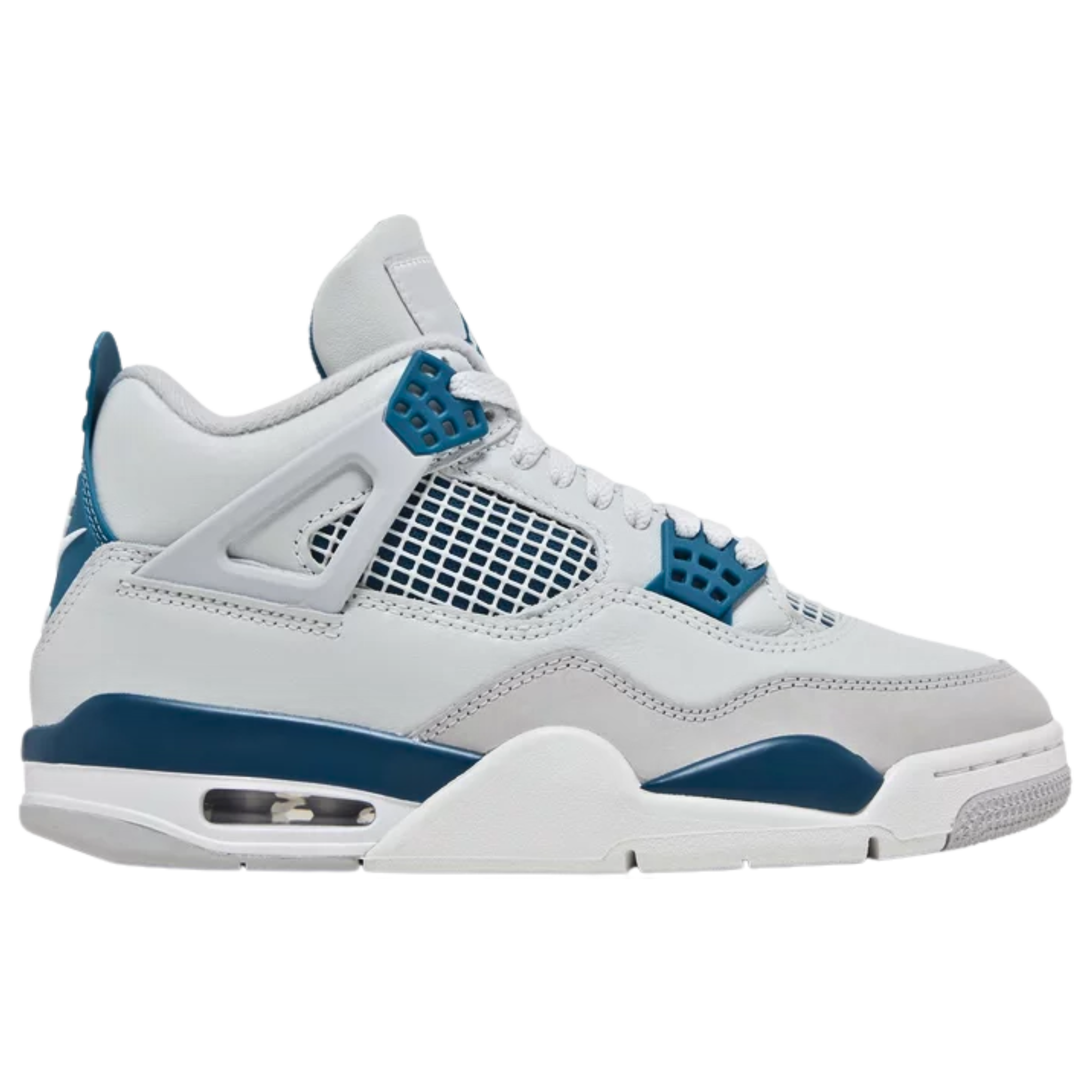 Air Jordan 4 Retro 'Military Blue' (2024) featuring a smooth off-white leather upper with quarter panel netting and a tonal nubuck forefoot overlay. The sneaker includes a vibrant blue Jumpman logo on the woven tongue tag, matching blue molded eyelets, and a back tab with Nike Air branding. It sits on a lightweight polyurethane midsole with encapsulated Air-sole cushioning in the forefoot and a visible Air bag in the heel.