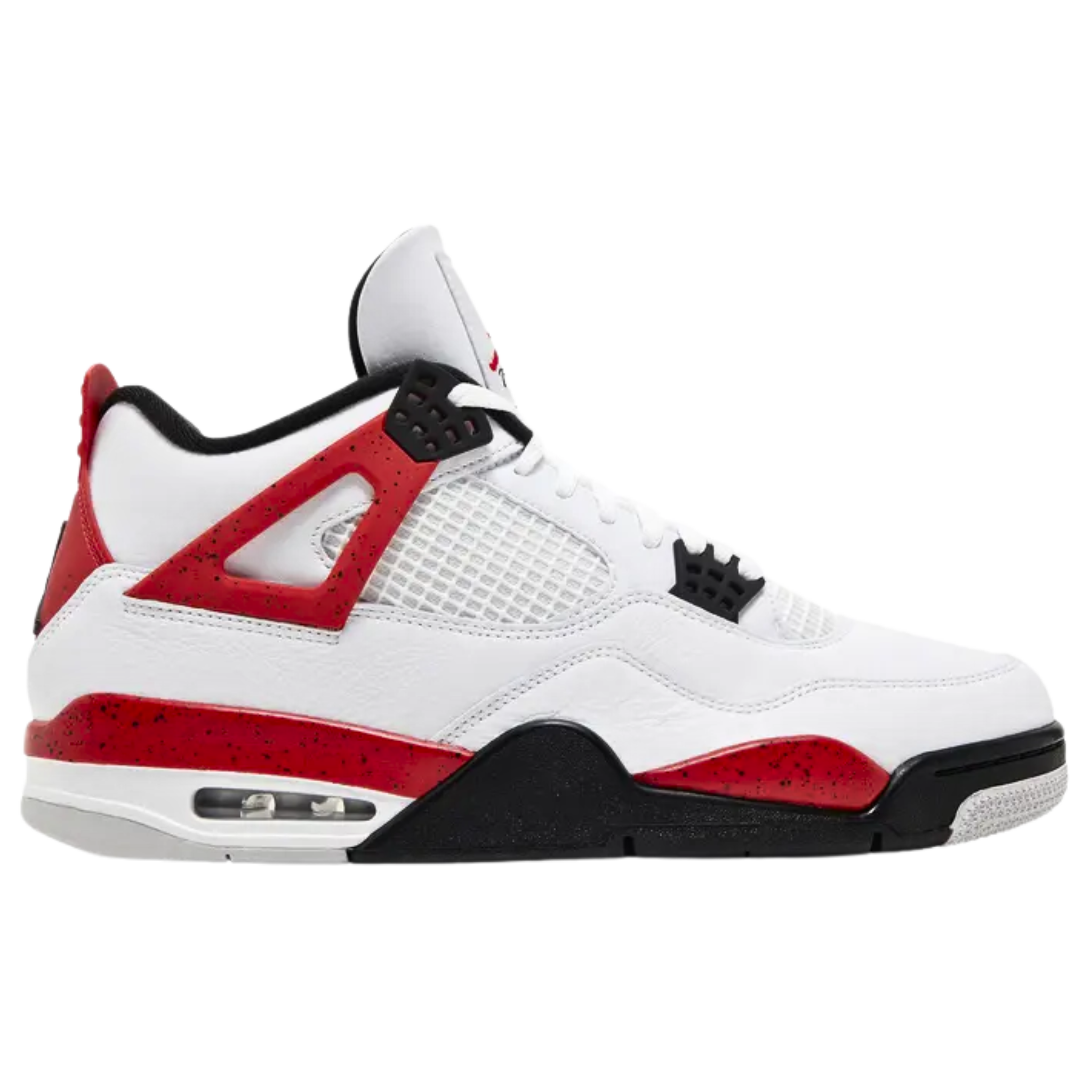 Air Jordan 4 Retro 'Red Cement' featuring a white leather upper with tonal quarter panel netting, black accents on the molded eyelets and interior lining, and vibrant Fire Red highlights on the support wings, midsole, and heel tab. The sneaker includes black speckled detailing, embossed Jumpman branding on the heel tab, a Jumpman logo on the Flight tongue tag, and a herringbone-traction rubber outsole for superior grip.