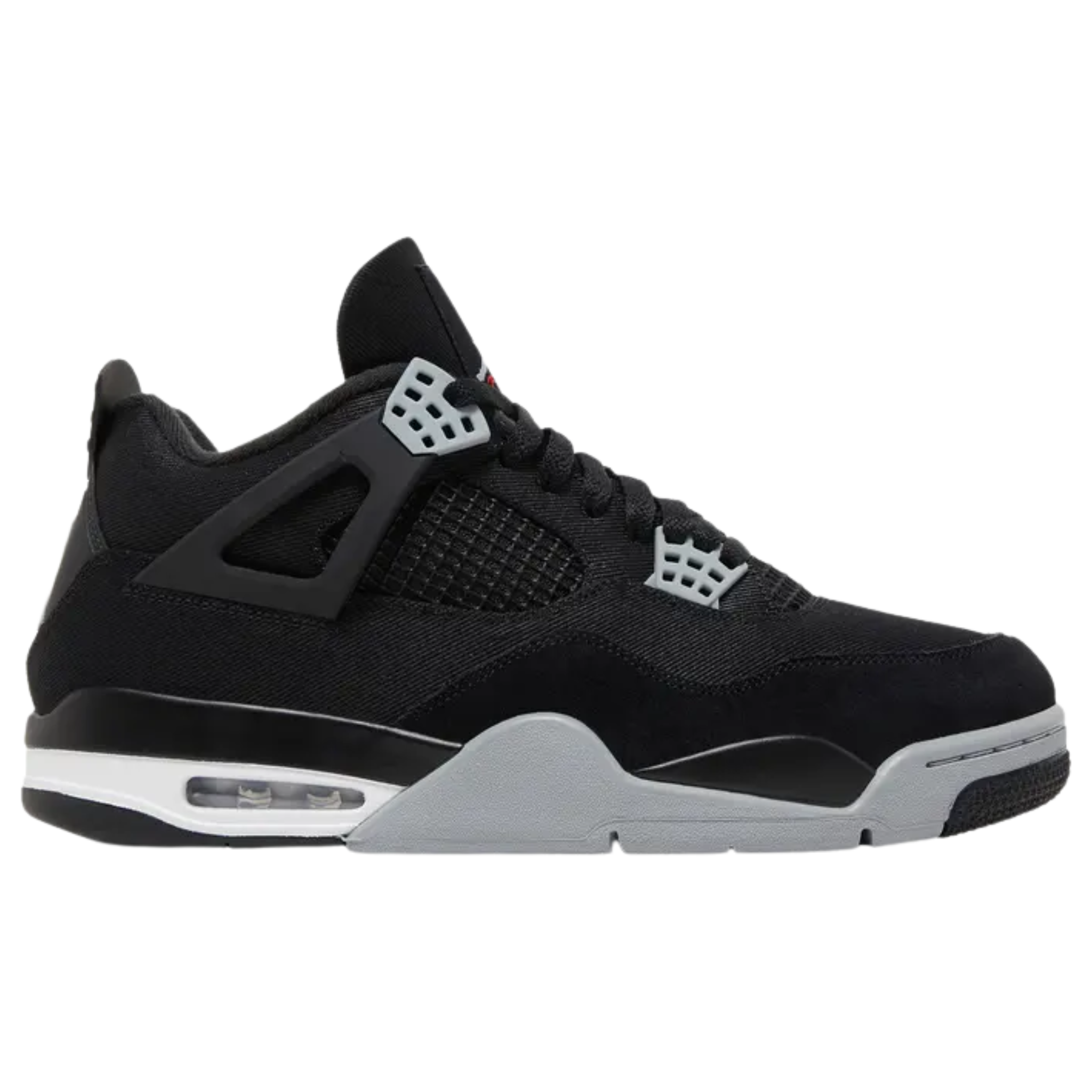 Air Jordan 4 Retro SE ‘Black Canvas’ featuring a black canvas upper with a tonal suede forefoot overlay and grey molded eyelets. The sneaker includes a matching grey Jumpman on the back heel and woven tongue tag, accented with a crimson Flight logo, and sits on a two-tone polyurethane midsole with visible Air-sole cushioning in the heel.